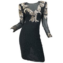 Gorgeous 90s Sz 6 Silk Chiffon Black + Silver + Gold Sequin Beaded Vintage Dress