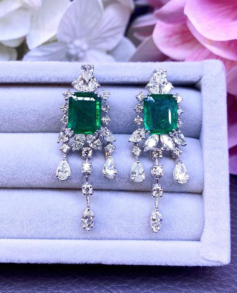 Women's AIG Certified 6.08 Carats Zambian Emeralds. 3.72 Ct Diamonds 18K Gold Earrings  For Sale