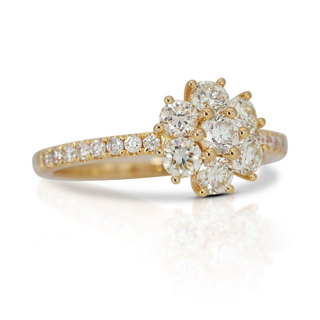 Round Cut Gorgeous 9k Yellow Gold Pave Cluster Ring with 1.05ct Natural Diamonds For Sale