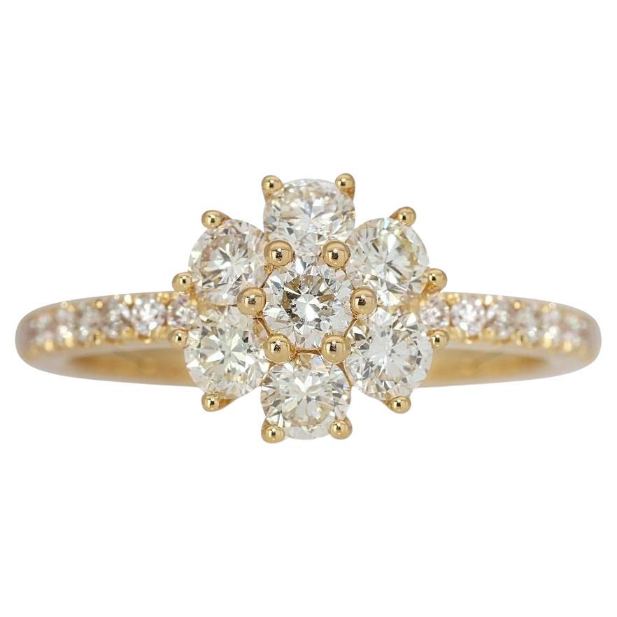 Gorgeous 9k Yellow Gold Pave Cluster Ring with 1.05ct Natural Diamonds For Sale