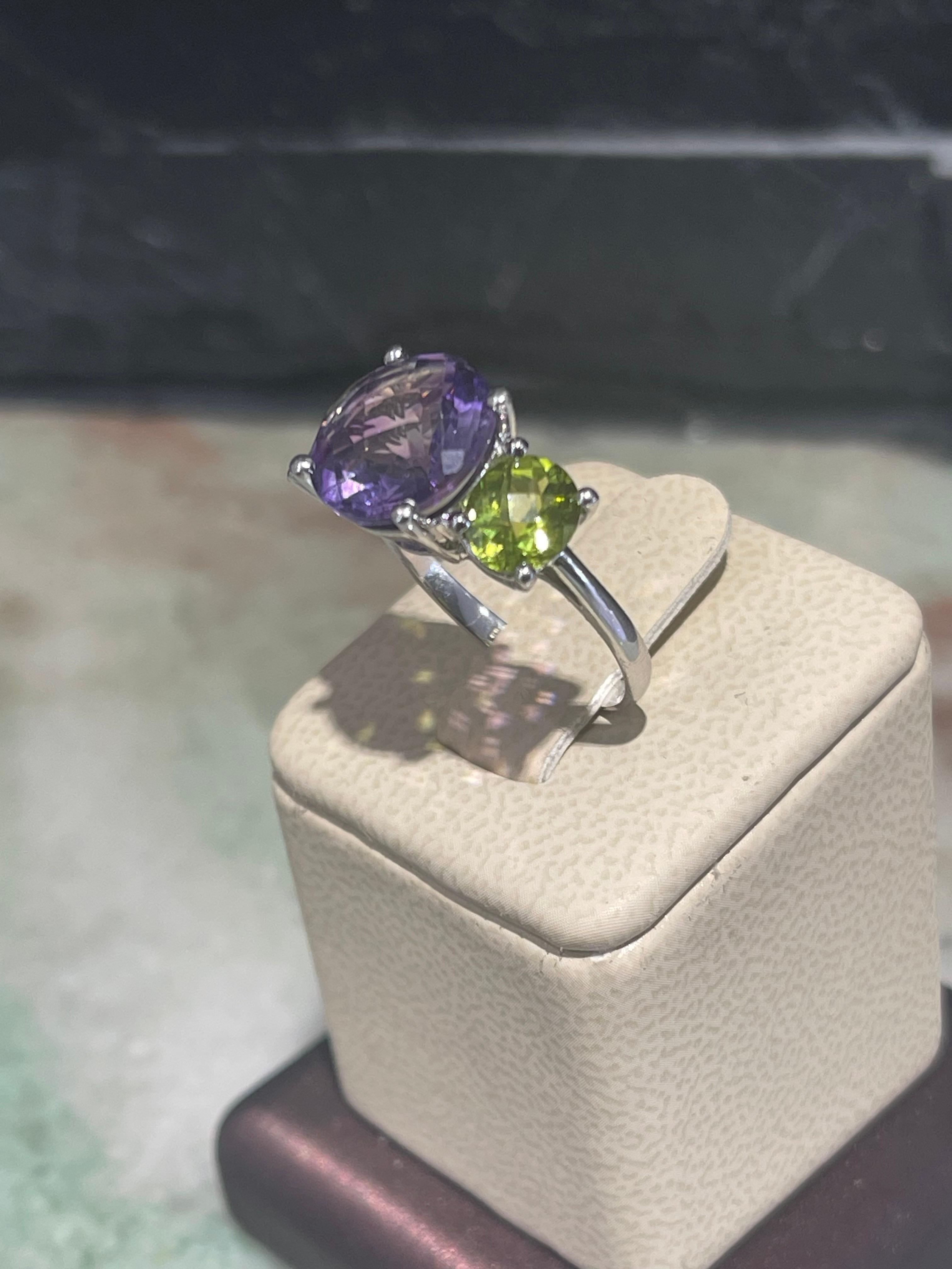 Romantic Gorgeous Amethyst And Peridot Ring In 14k White Gold For Sale