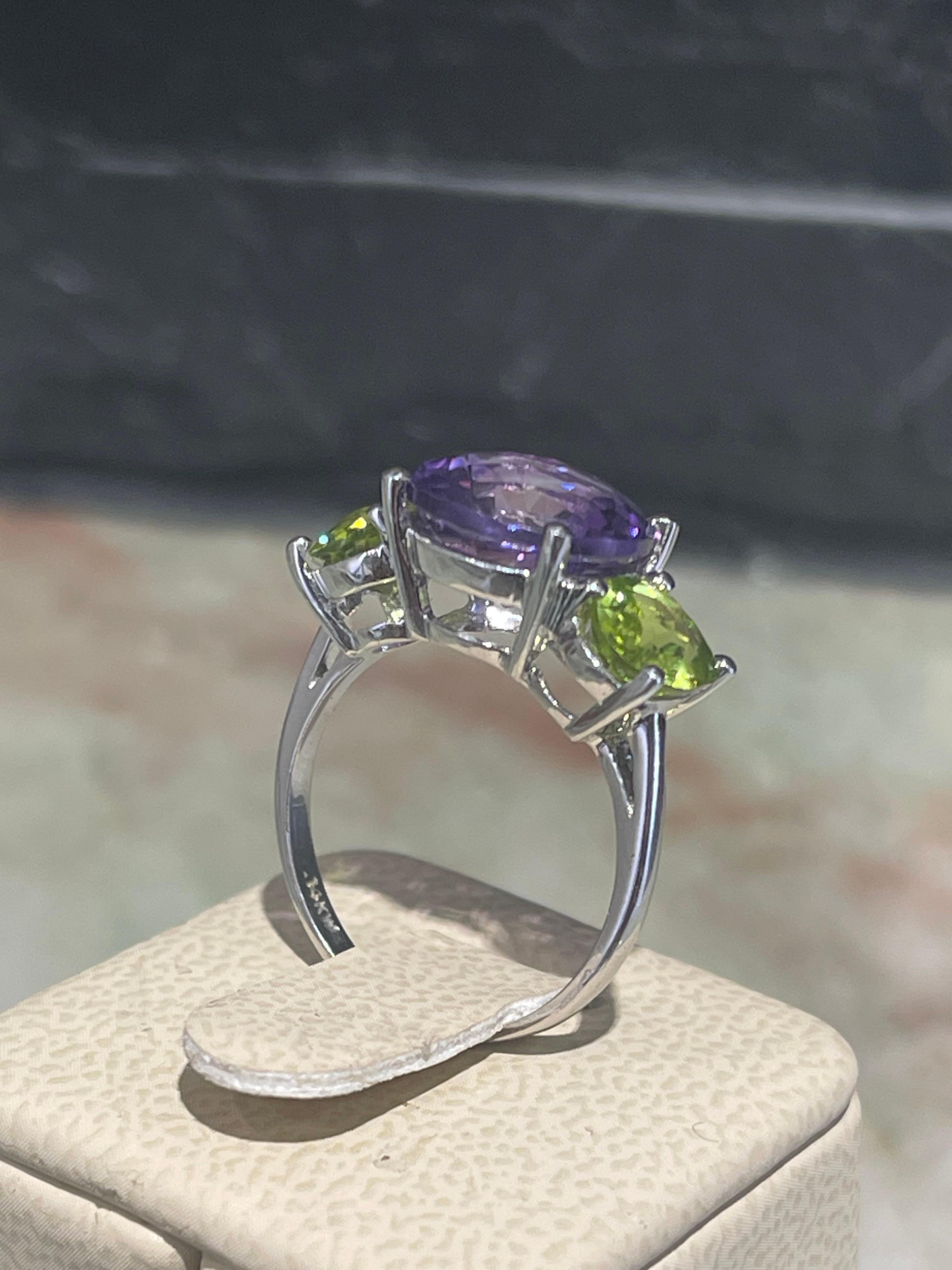 Round Cut Gorgeous Amethyst And Peridot Ring In 14k White Gold For Sale
