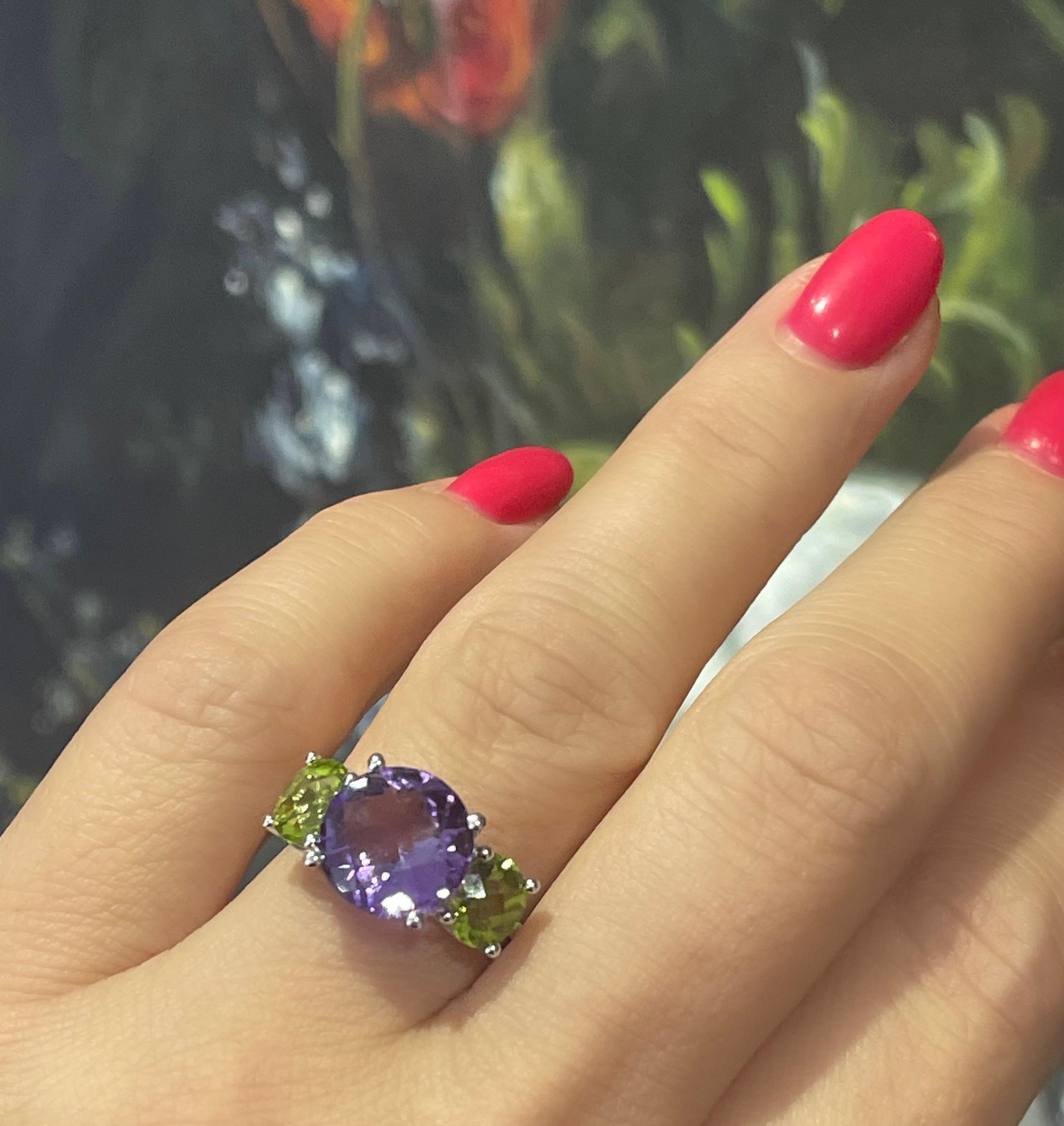 Gorgeous Amethyst And Peridot Ring In 14k White Gold For Sale 1