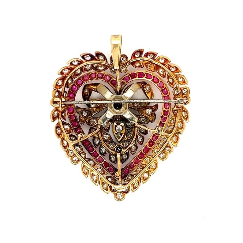 WOW!!! I LOVE this Gorgeous Antique 18K Yellow Gold/ Platinum Diamond and Ruby Heart Pin/ Brooch/ Pendant - this one is definitely a very special collectors piece! 

Crafted in 18K Yellow Gold, and topped in Platinum, the piece is a wonderful open