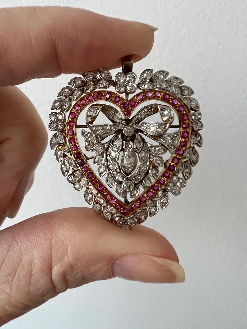 Victorian Gorgeous Antique 18K Yellow Gold/ Platinum Diamond Ruby Heart Brooch Pendant For Sale