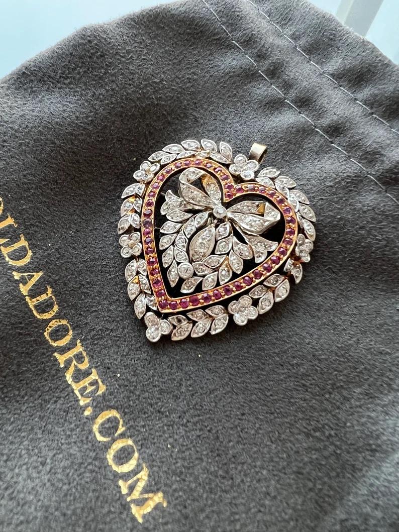 Round Cut Gorgeous Antique 18K Yellow Gold/ Platinum Diamond Ruby Heart Brooch Pendant For Sale
