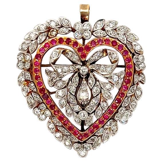 Gorgeous Antique 18K Yellow Gold/ Platinum Diamond Ruby Heart Brooch Pendant For Sale