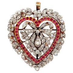Gorgeous Antique 18K Yellow Gold/ Platinum Diamond Ruby Heart Brooch Pendant
