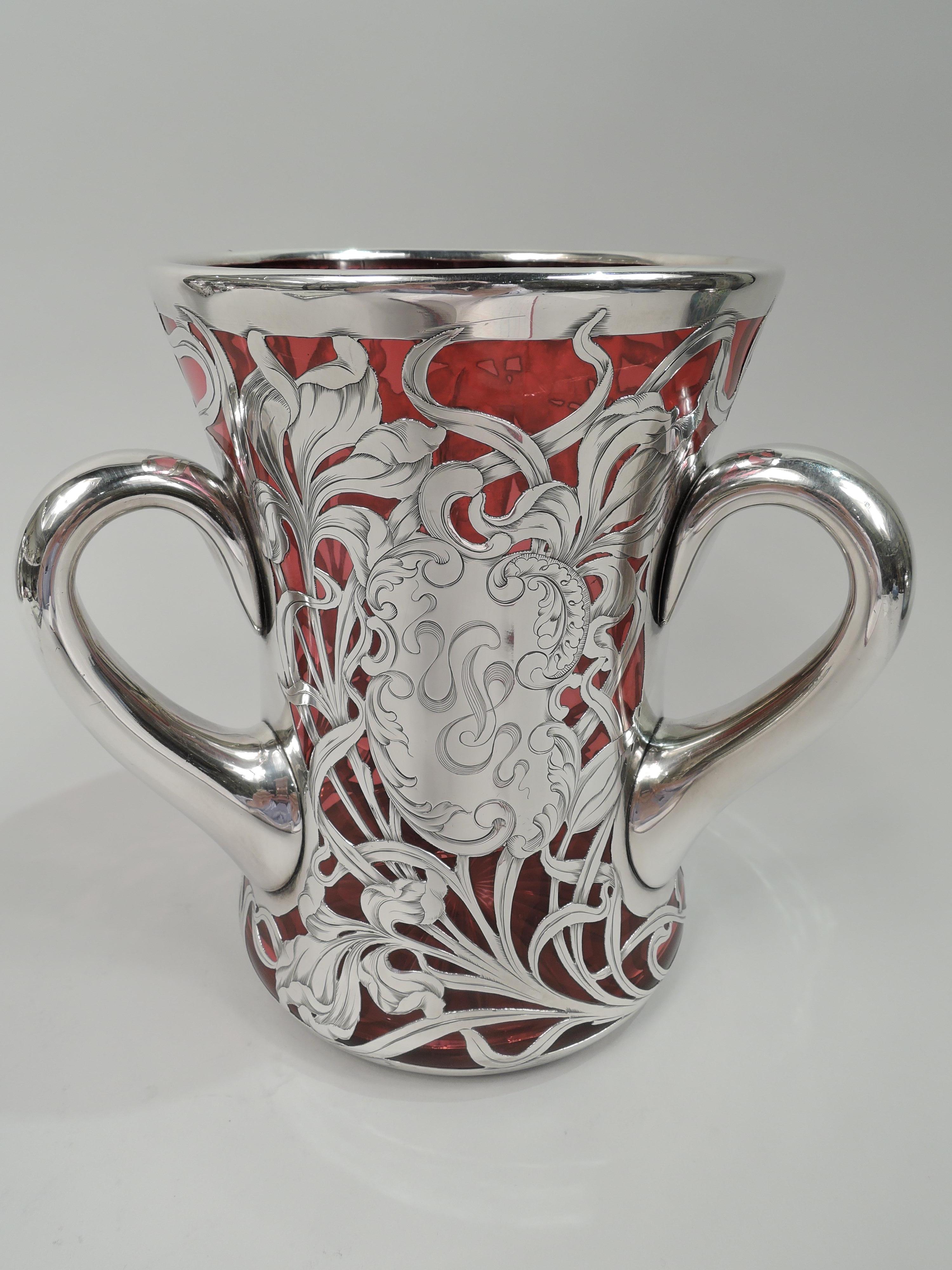 American Gorgeous Antique Art Nouveau Red Silver Overlay Loving Cup Vase