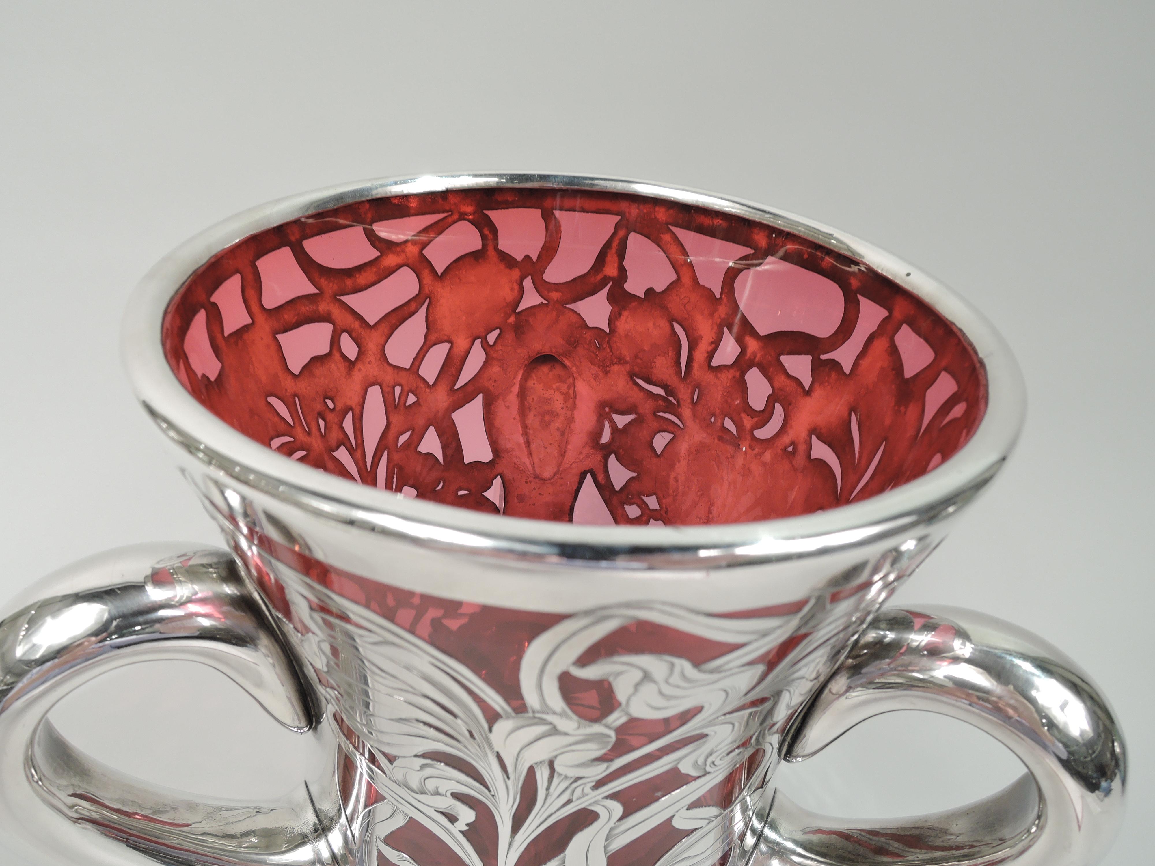 Gorgeous Antique Art Nouveau Red Silver Overlay Loving Cup Vase In Excellent Condition In New York, NY