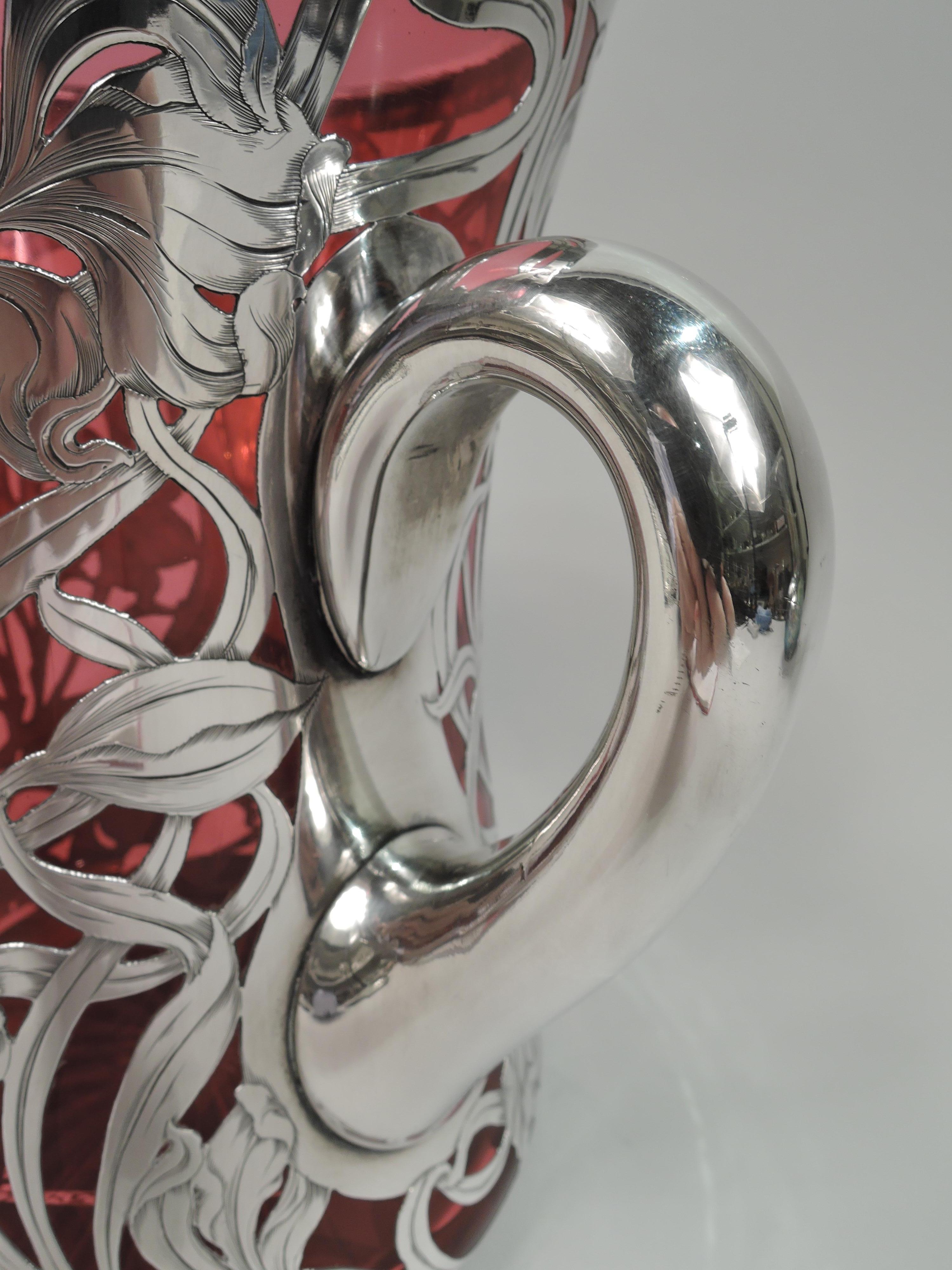 19th Century Gorgeous Antique Art Nouveau Red Silver Overlay Loving Cup Vase