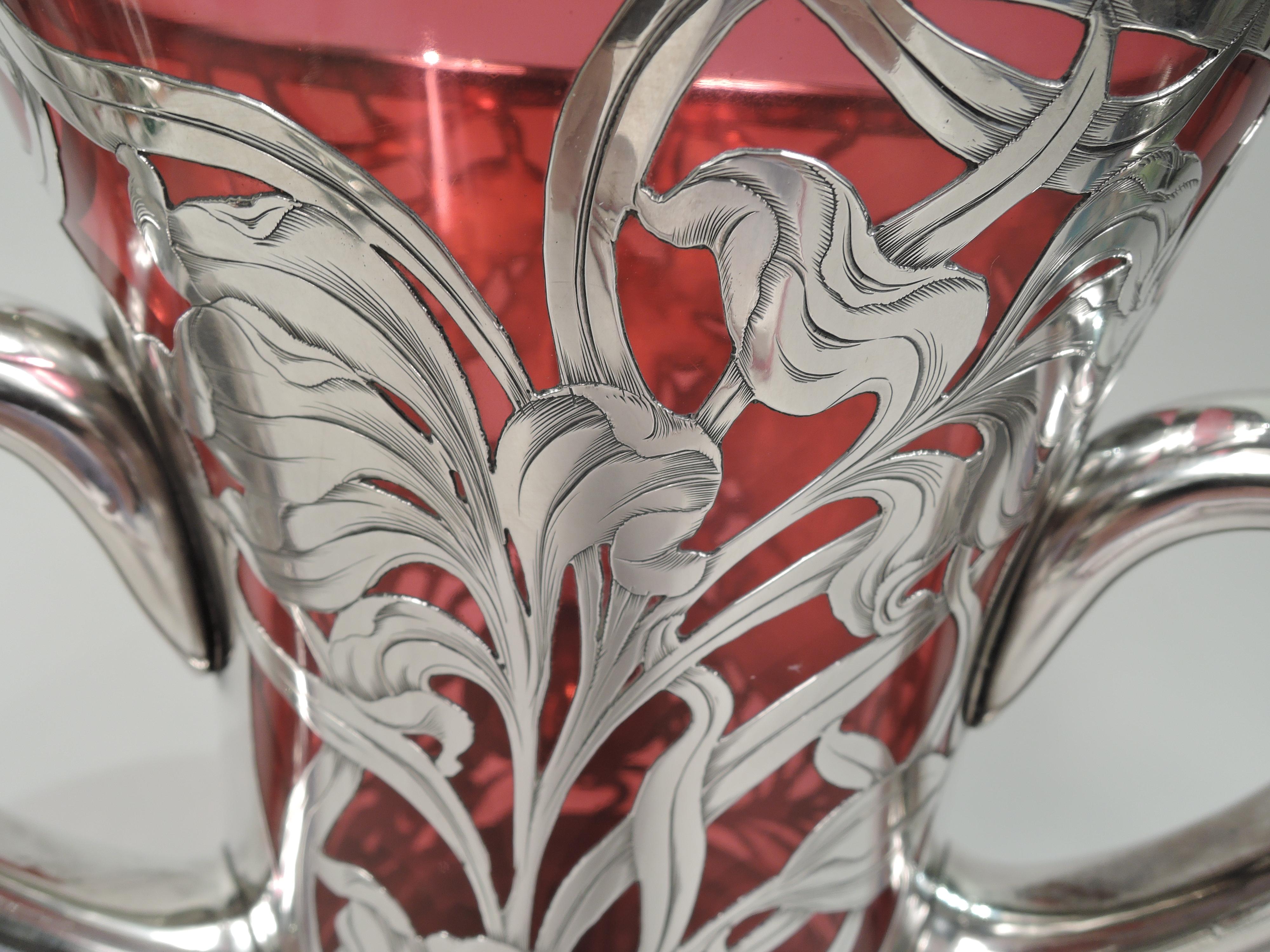 Gorgeous Antique Art Nouveau Red Silver Overlay Loving Cup Vase 1