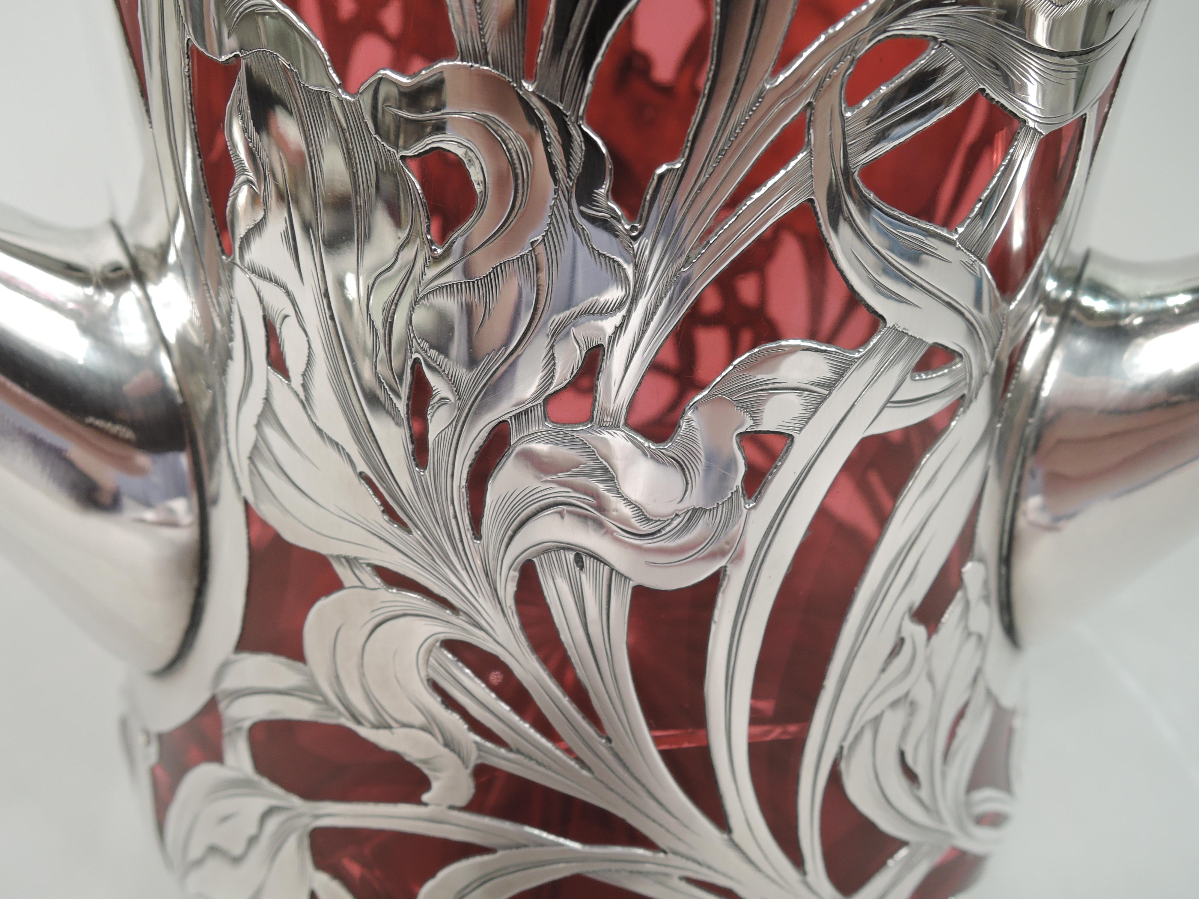 Gorgeous Antique Art Nouveau Red Silver Overlay Loving Cup Vase 2