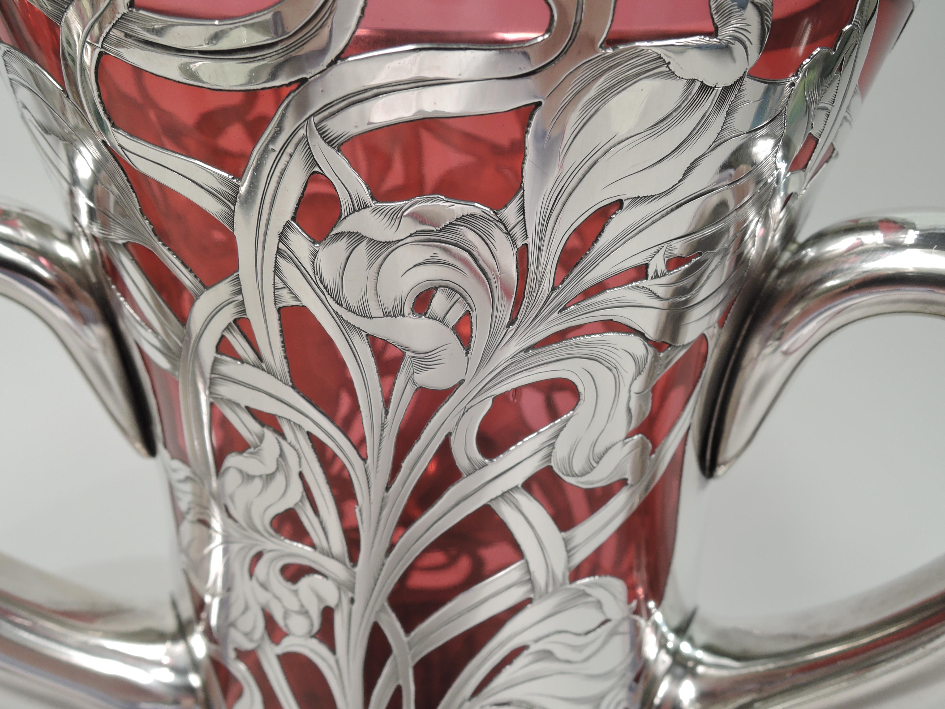 Gorgeous Antique Art Nouveau Red Silver Overlay Loving Cup Vase 3