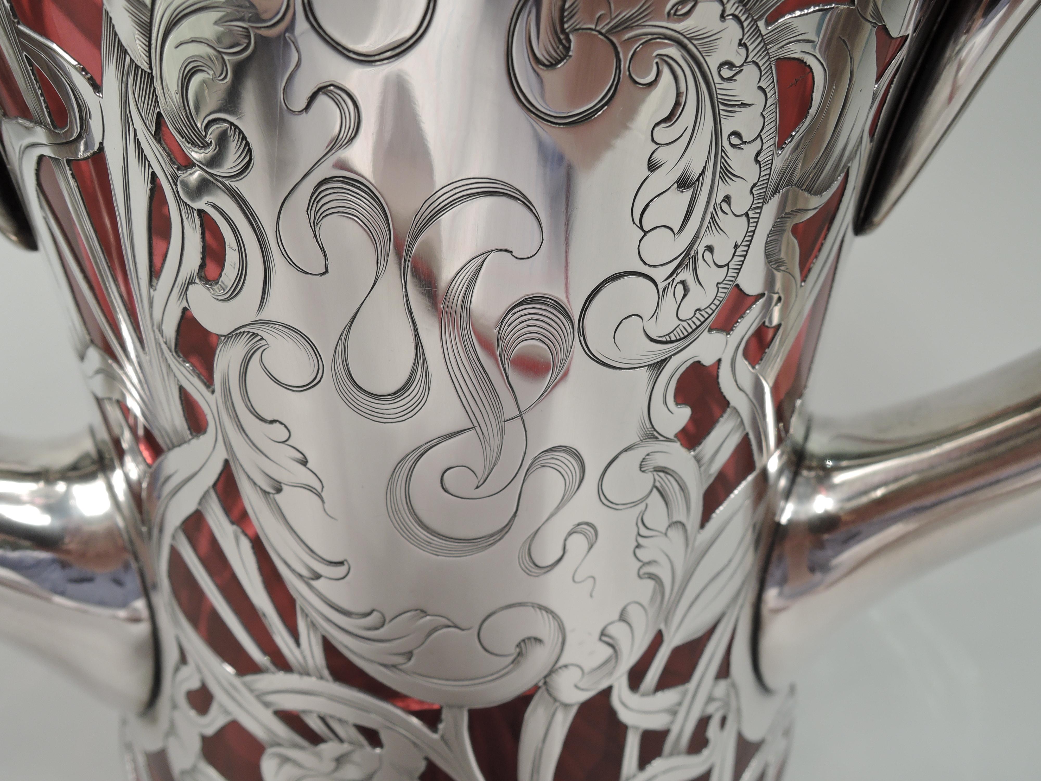 Gorgeous Antique Art Nouveau Red Silver Overlay Loving Cup Vase 4