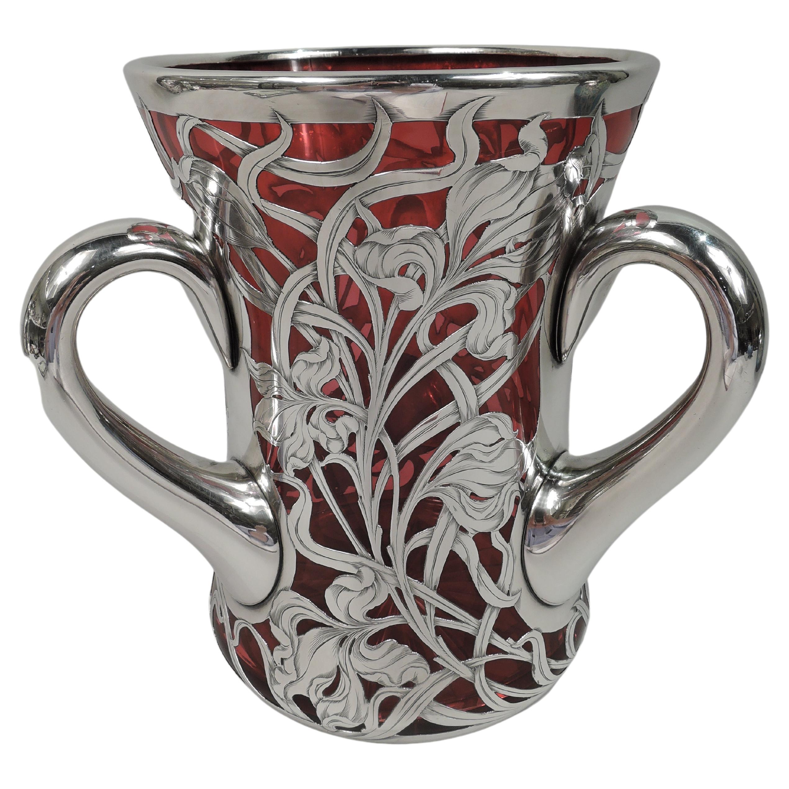Antique American Art Nouveau Red Silver Overlay Vase For Sale at 1stDibs