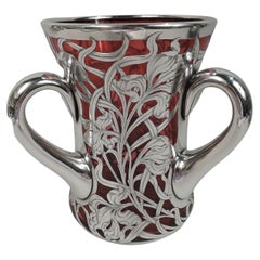 Gorgeous Antique Art Nouveau Red Silver Overlay Loving Cup Vase