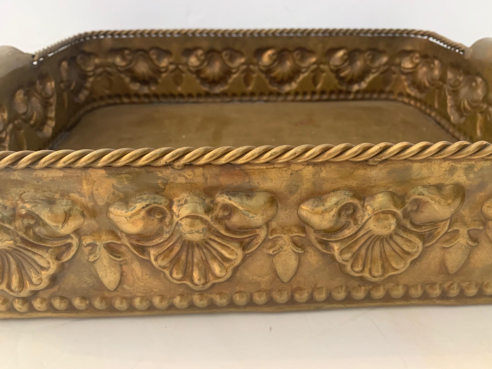 Embossed Gorgeous Antique Brass Deep Tray with Clam Shell Adorned Gallery