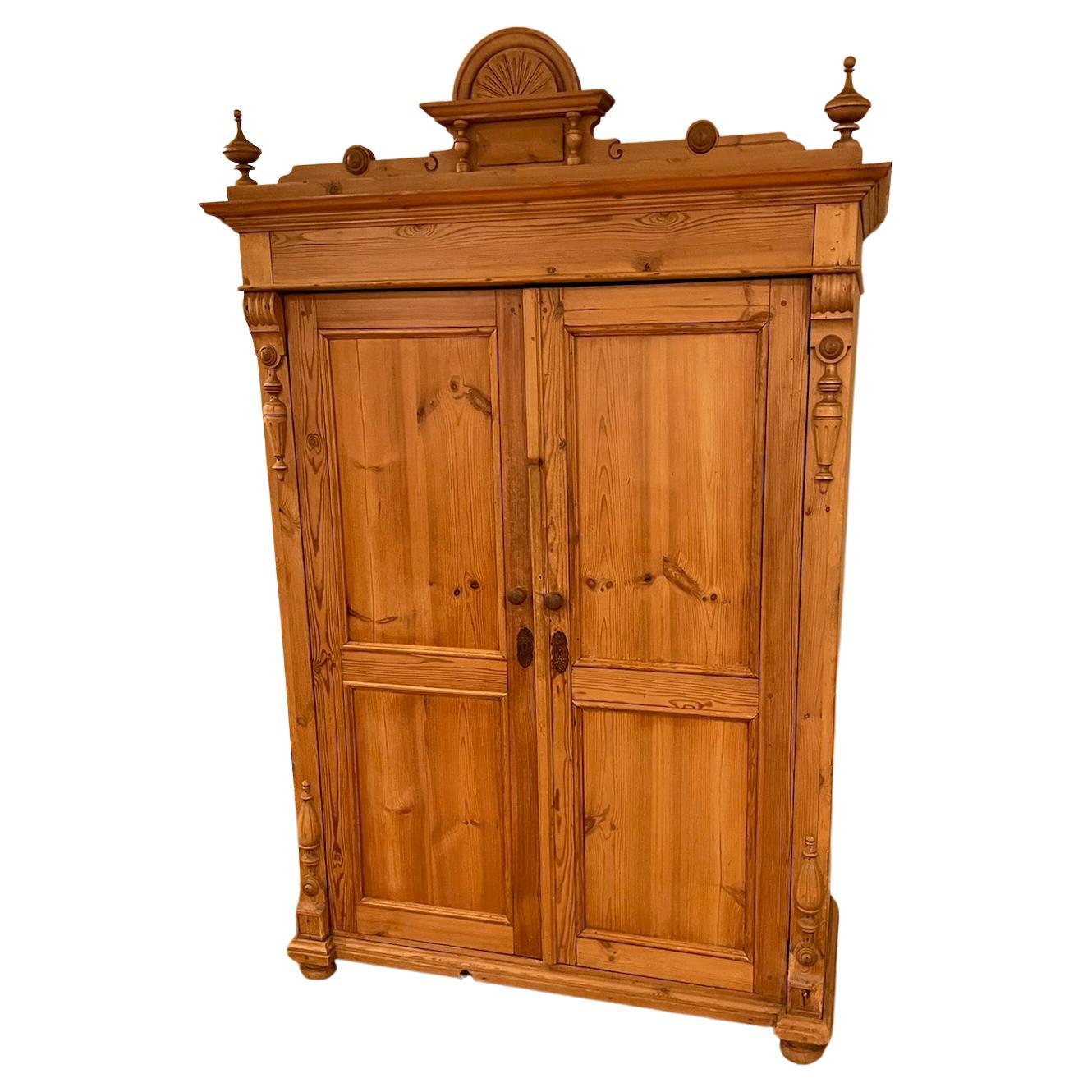 Antique Carved Wood Natural American Pine Cupboard For
