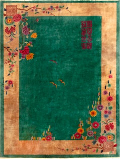 Gorgeous Antique Chinese Art Deco Rug In Green 9' x 11'7"
