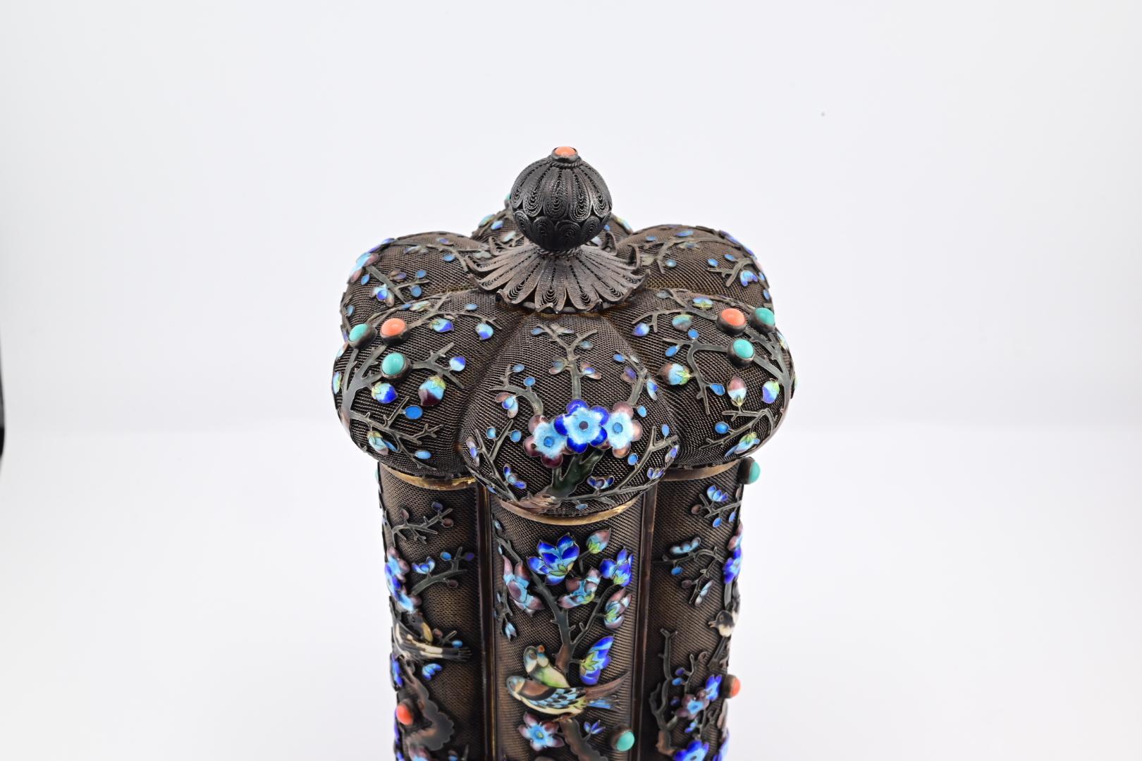 Enameled Gorgeous Antique Chinese Tea Caddy Silver Enamel