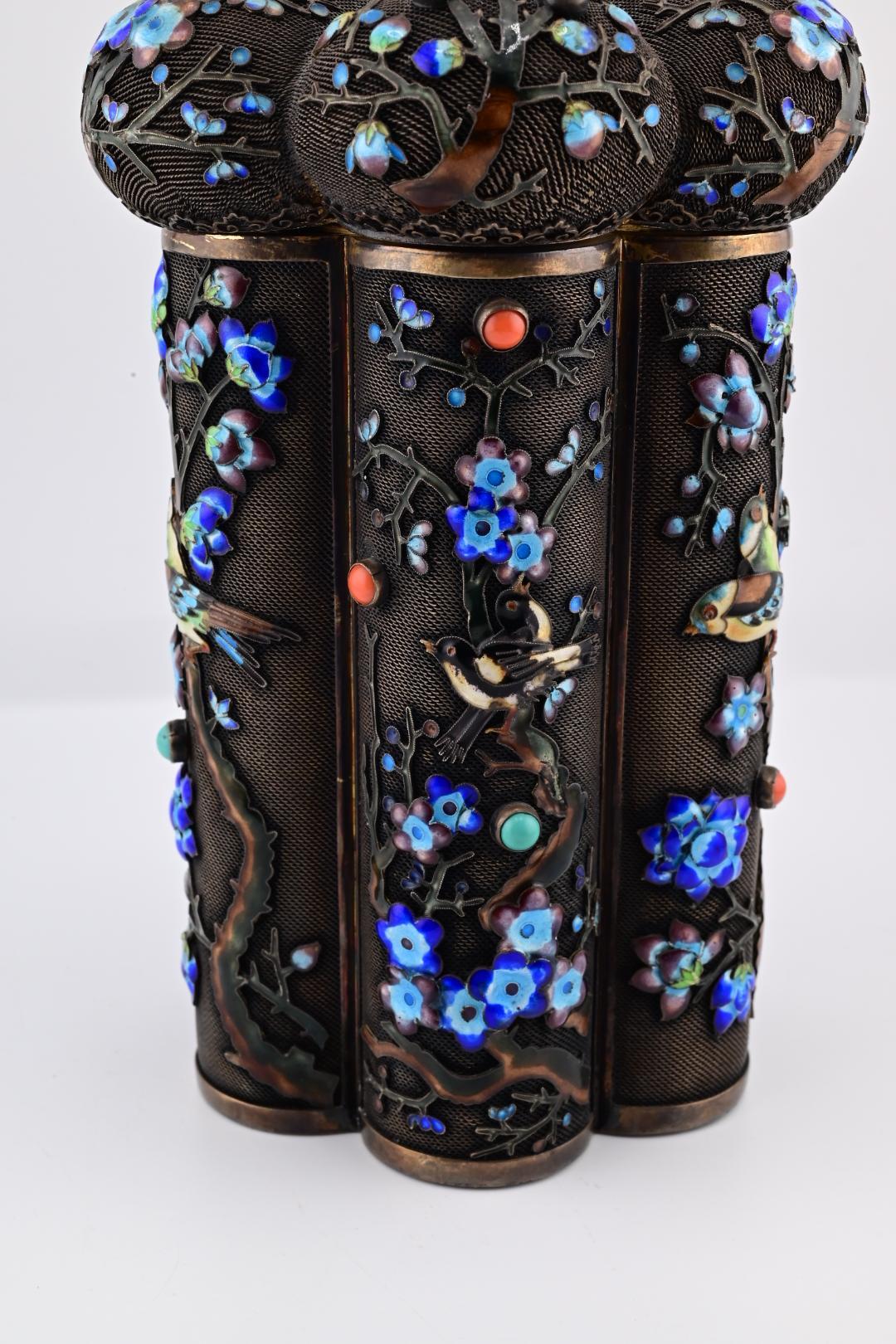 Gorgeous Antique Chinese Tea Caddy Silver Enamel 3