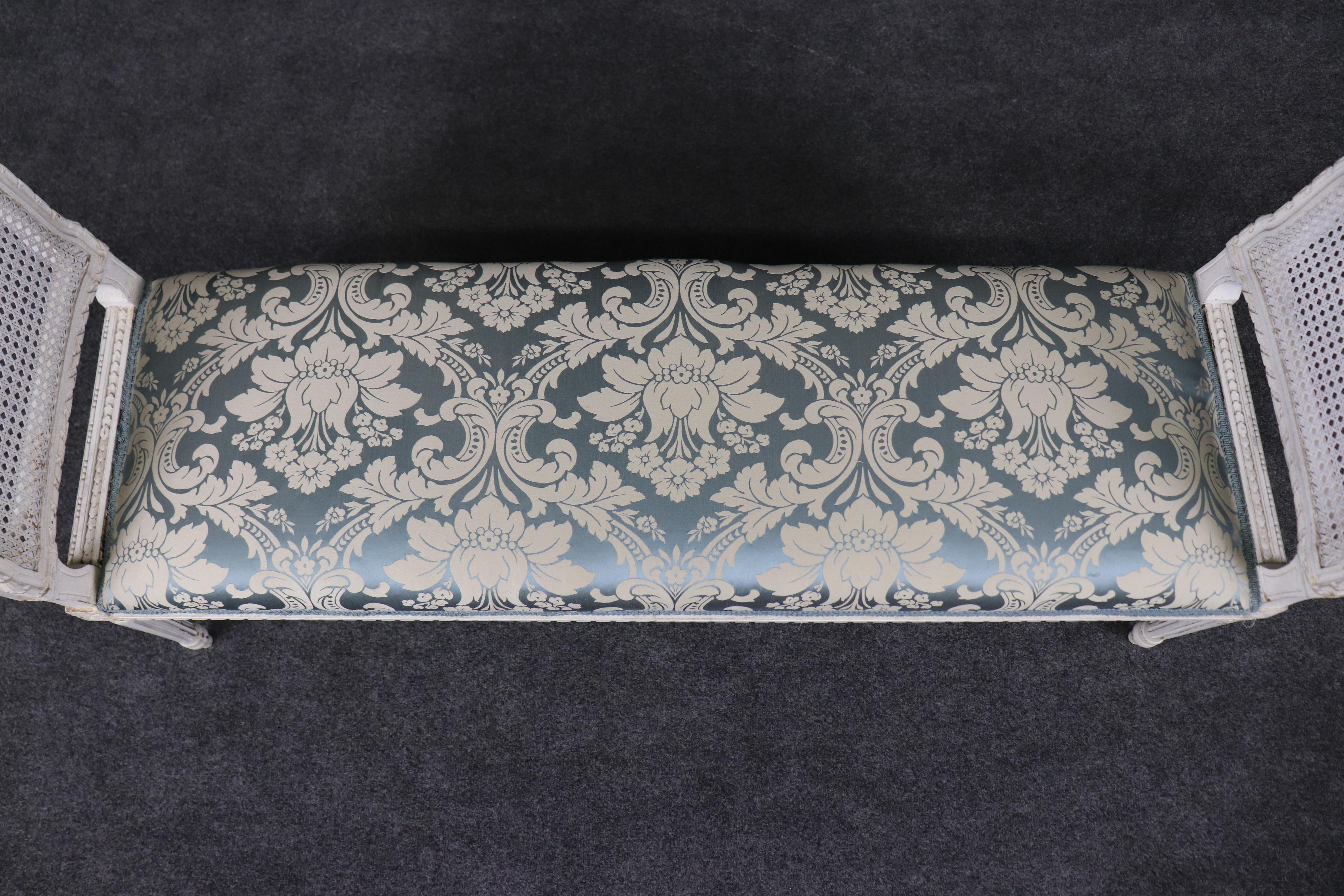 Gorgeous Antique Chippy White Painted French Louis XVI Cane Window Bench For Sale 12
