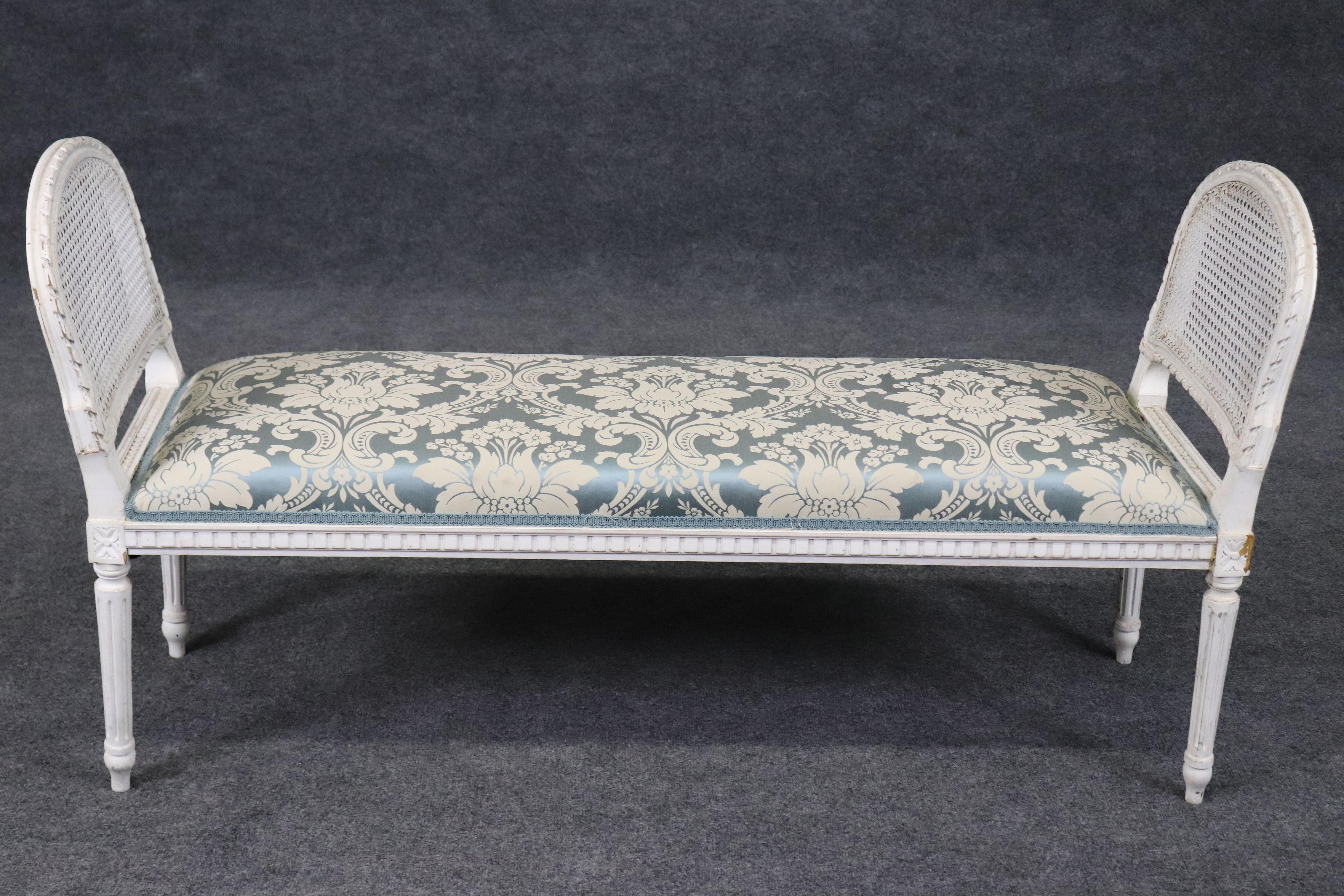 Gorgeous Antique Chippy White Painted French Louis XVI Cane Window Bench In Good Condition For Sale In Swedesboro, NJ