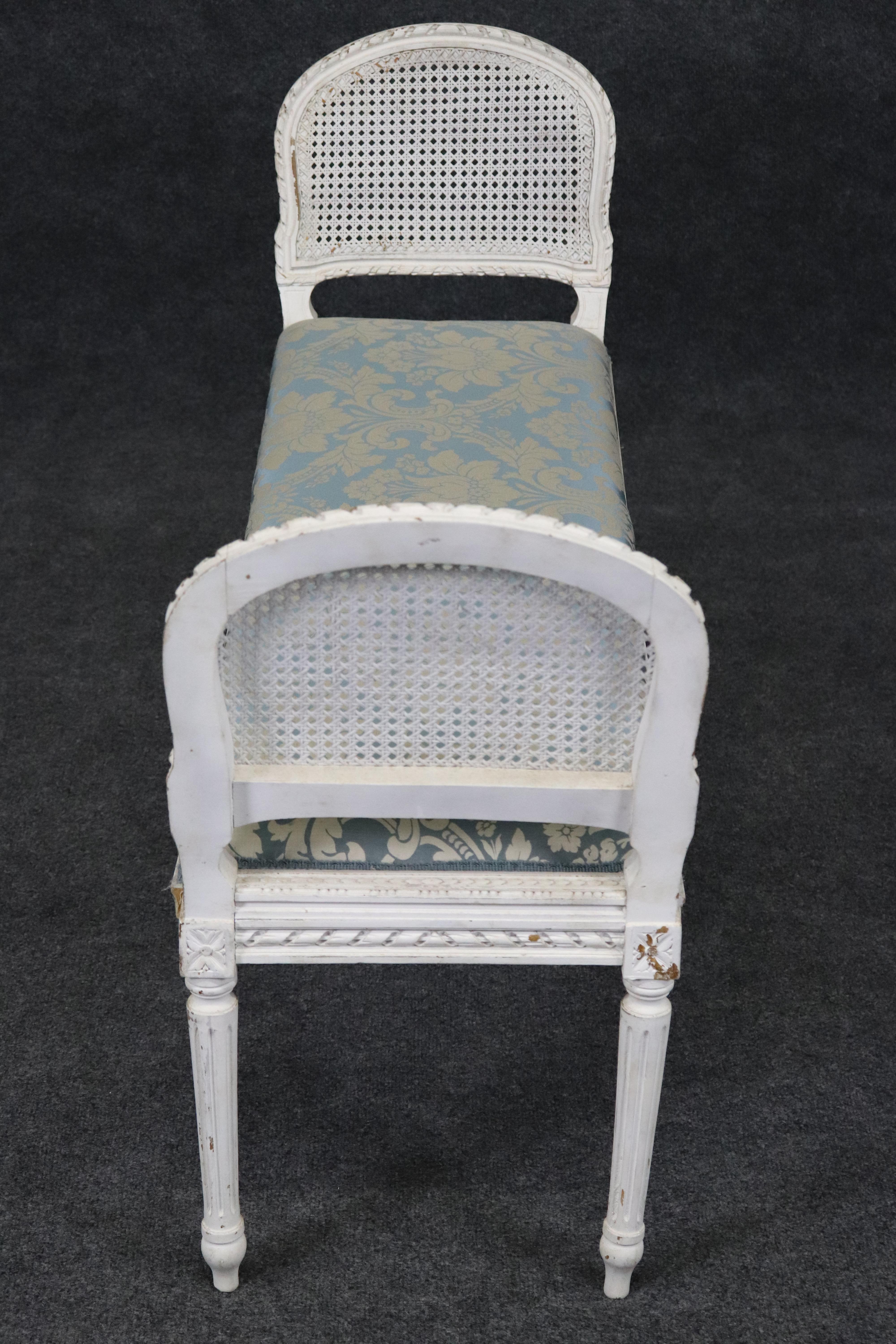 Early 20th Century Gorgeous Antique Chippy White Painted French Louis XVI Cane Window Bench For Sale