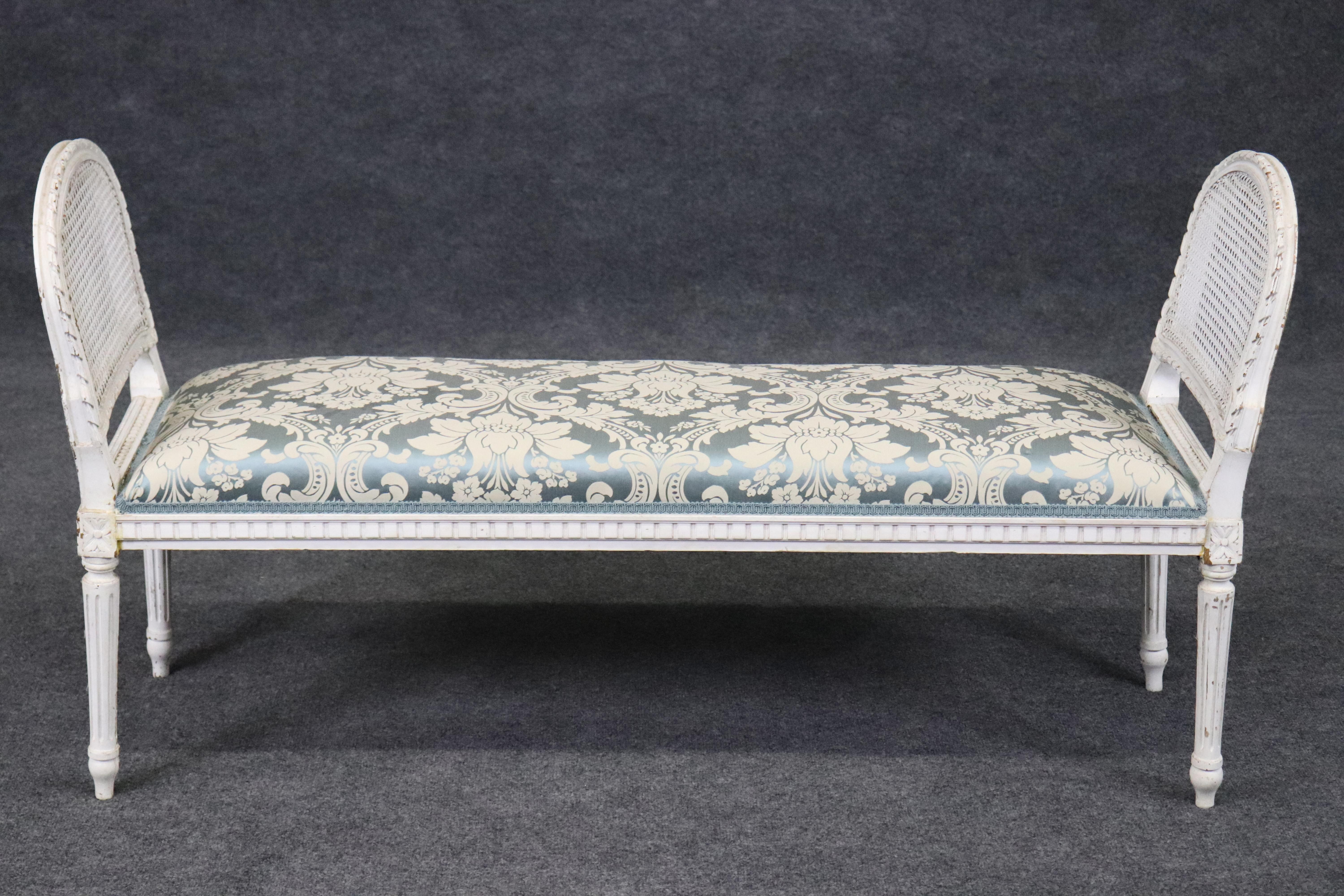 Gorgeous Antique Chippy White Painted French Louis XVI Cane Window Bench For Sale 2