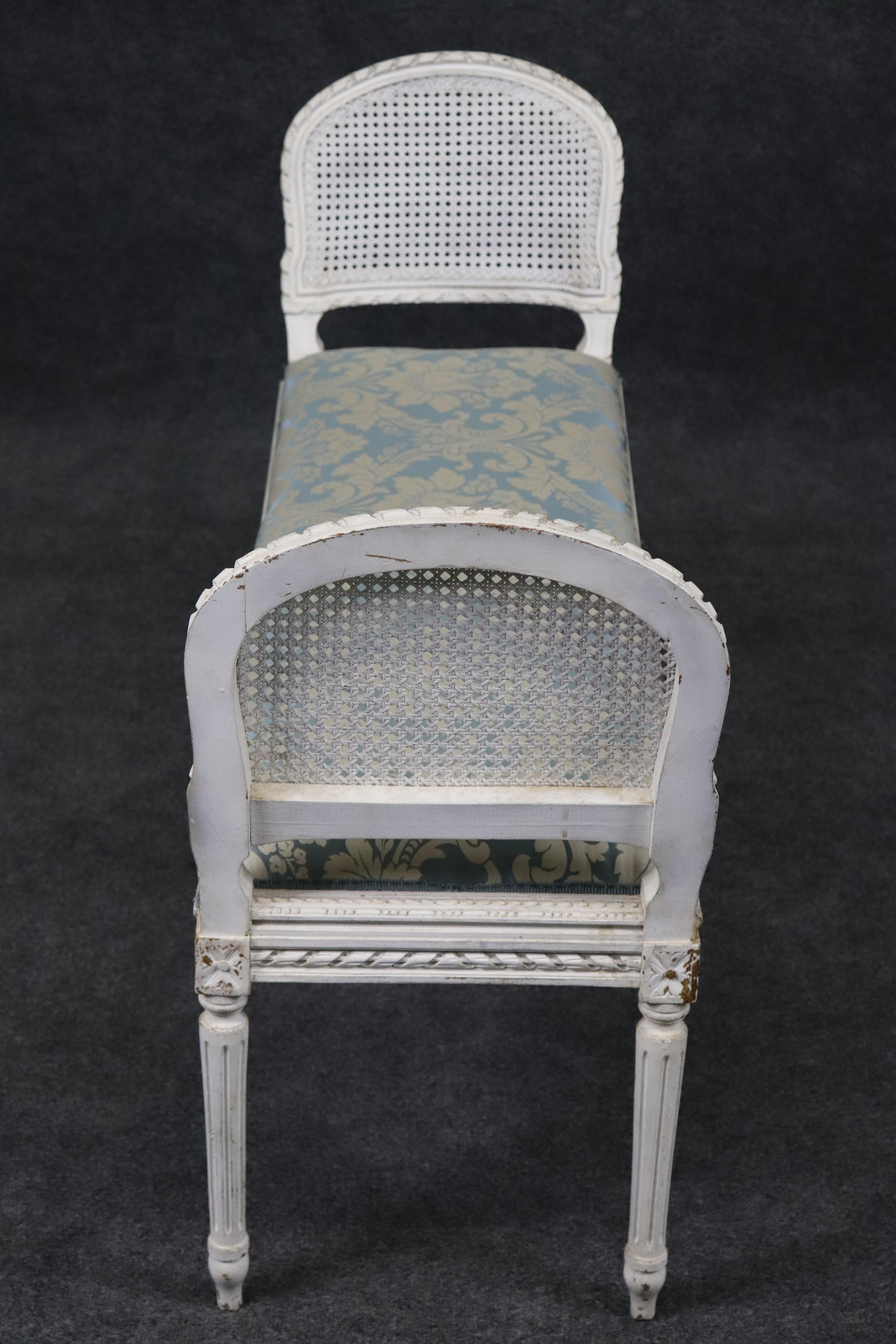 Gorgeous Antique Chippy White Painted French Louis XVI Cane Window Bench For Sale 3