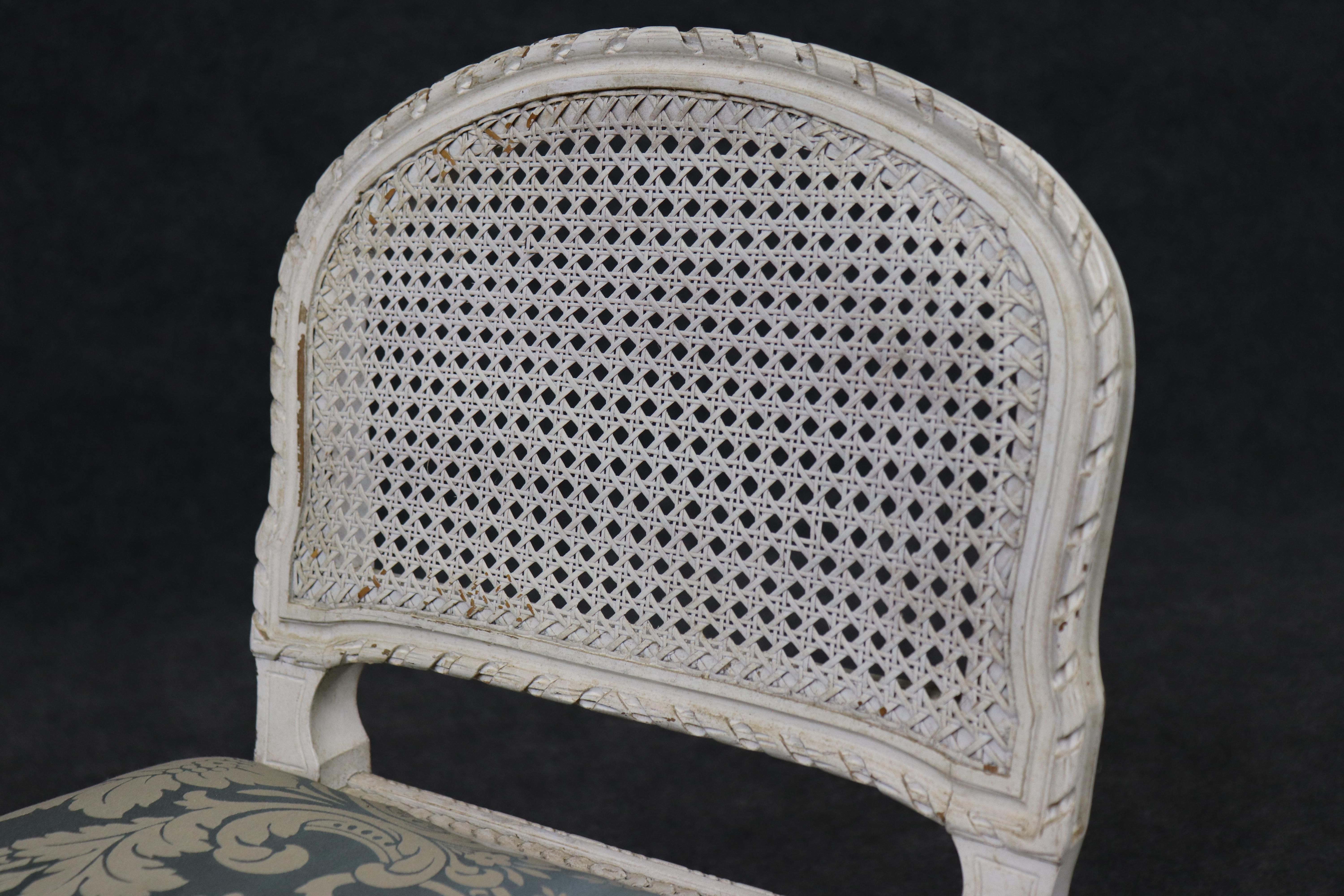 Gorgeous Antique Chippy White Painted French Louis XVI Cane Window Bench For Sale 5