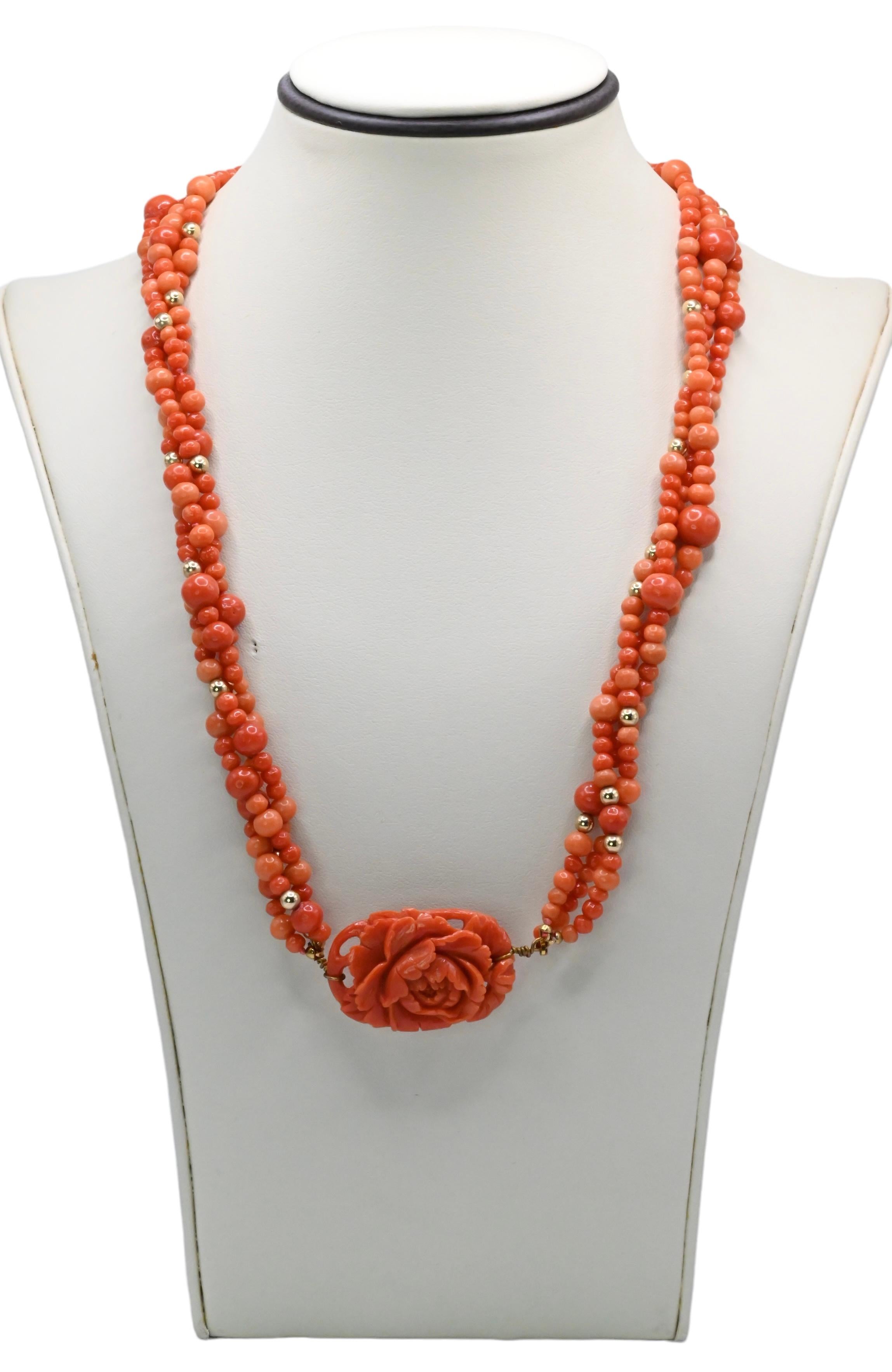 Gorgeous Antique Coral Necklace Fine Quality 99 Grams 

Superb quality with round beads with gold color spacers. It has a very fine quality coral floral pendant as well. The weight is 99 grams. The condition is very good with no major issues it is