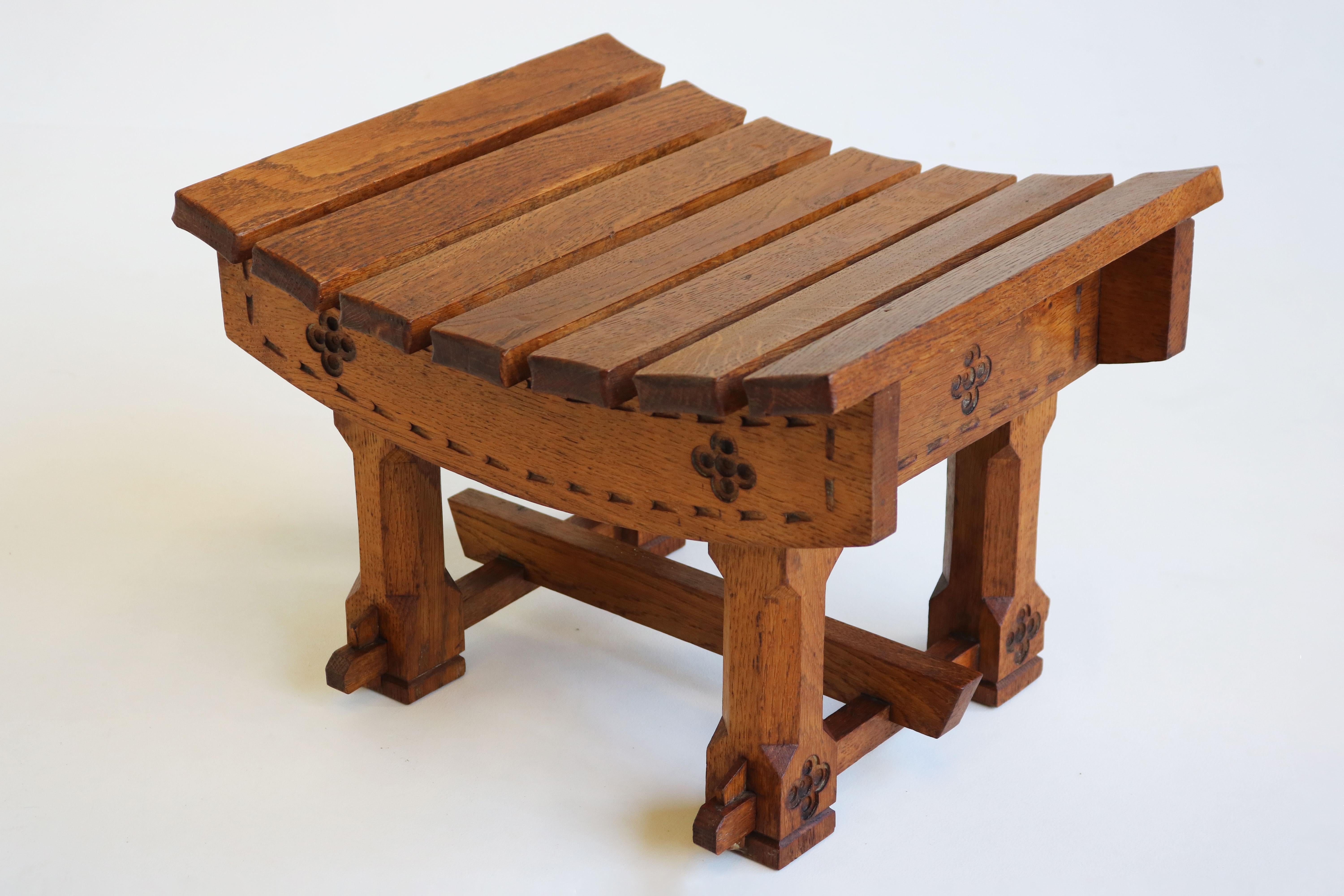 Hand-Carved Gorgeous Antique Dutch Arts & Crafts Stool / Footstool in Carved Oak, 1900 For Sale