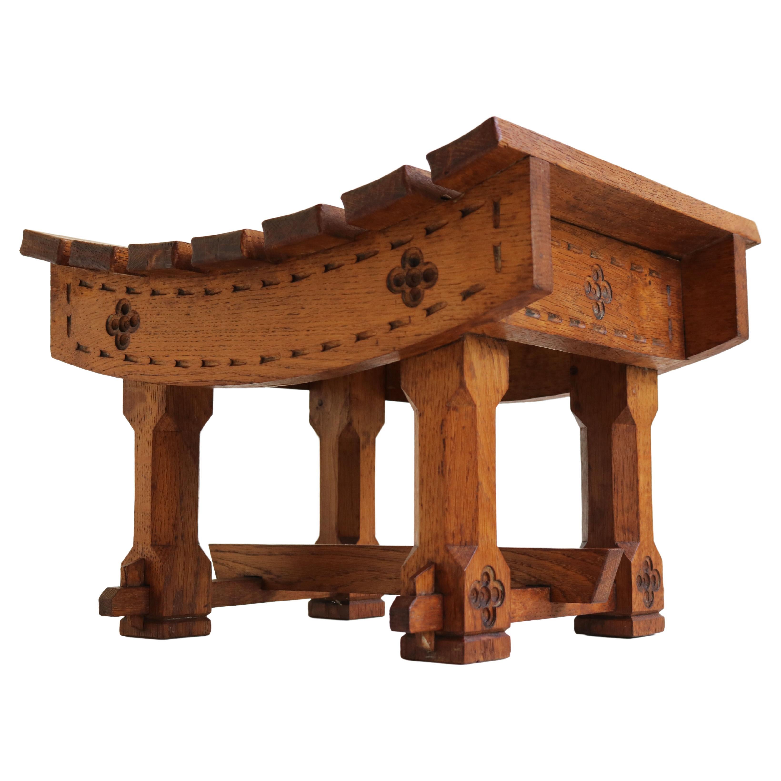 Gorgeous Antique Dutch Arts & Crafts Stool / Footstool in Carved Oak, 1900 For Sale