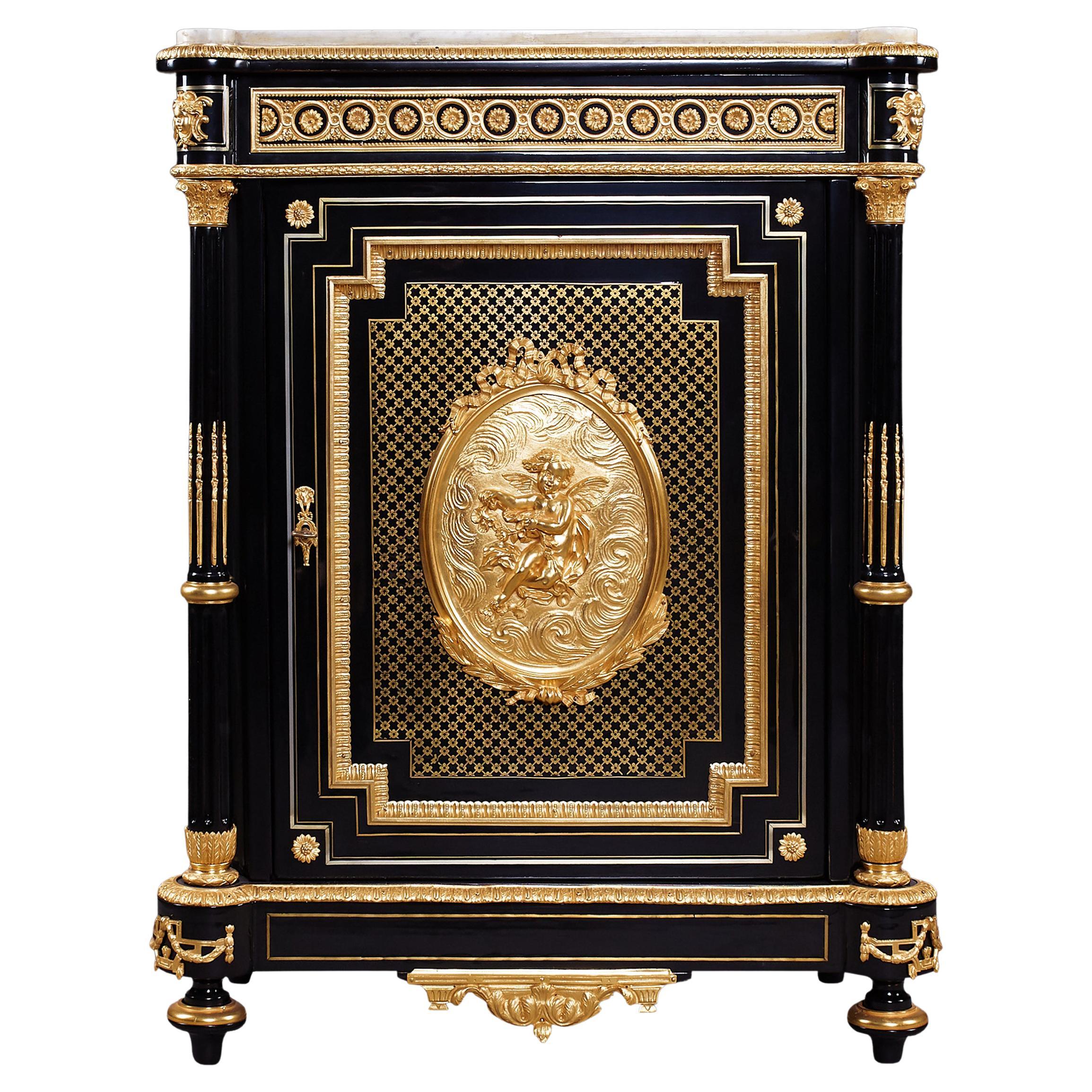 Gorgeous Antique Ebonized and Ormolu Cabinet For Sale