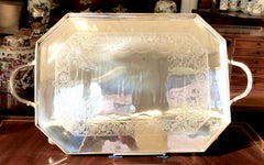 Gorgeous Antique English Sheffield Silver Plate Hand Engraved Gallery Tea Tray