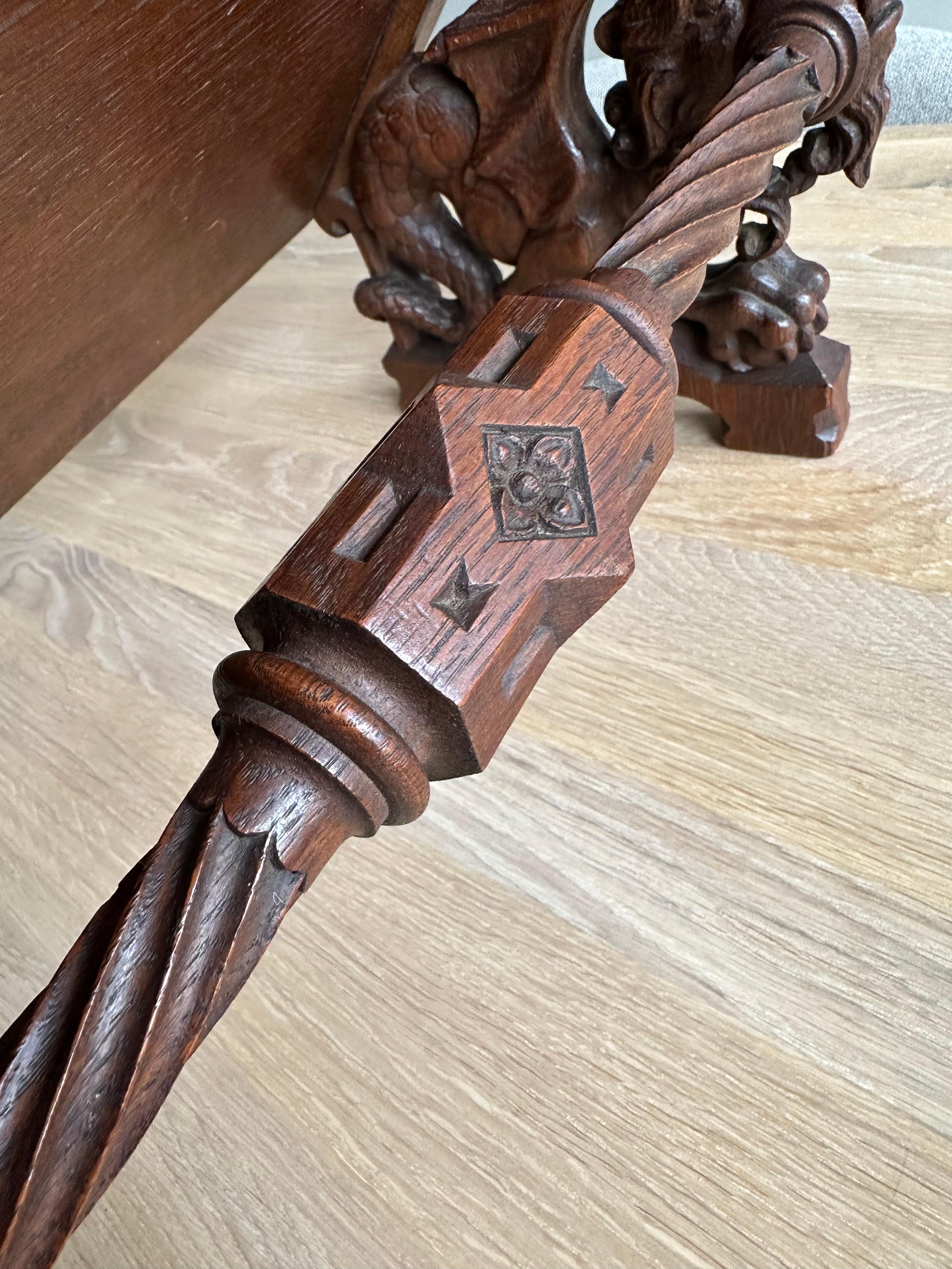 Gorgeous Antique Hand Carved Oak Gothic Revival Bible Stand w. Dragon Sculptures For Sale 6