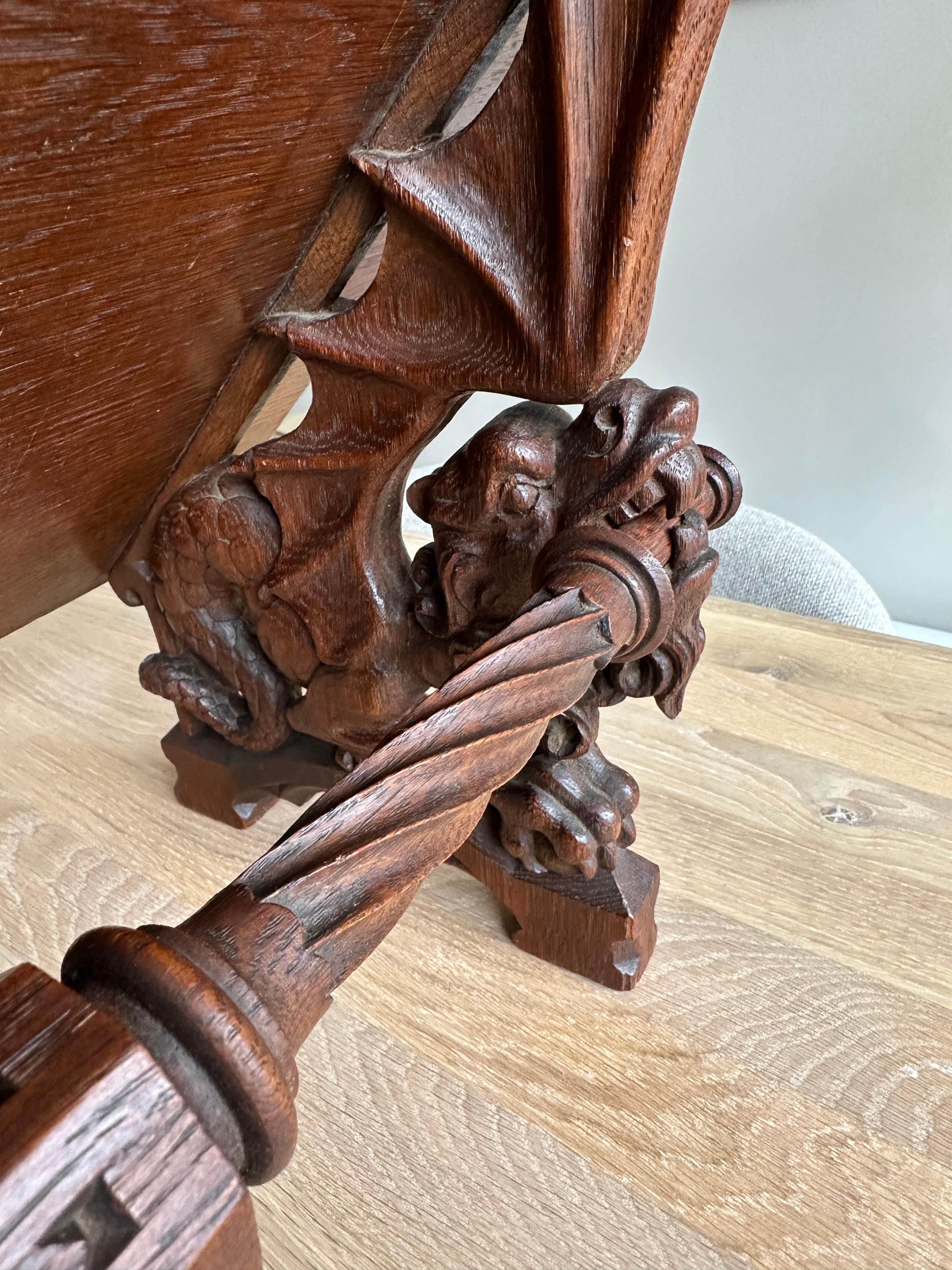 Gorgeous Antique Hand Carved Oak Gothic Revival Bible Stand w. Dragon Sculptures For Sale 7