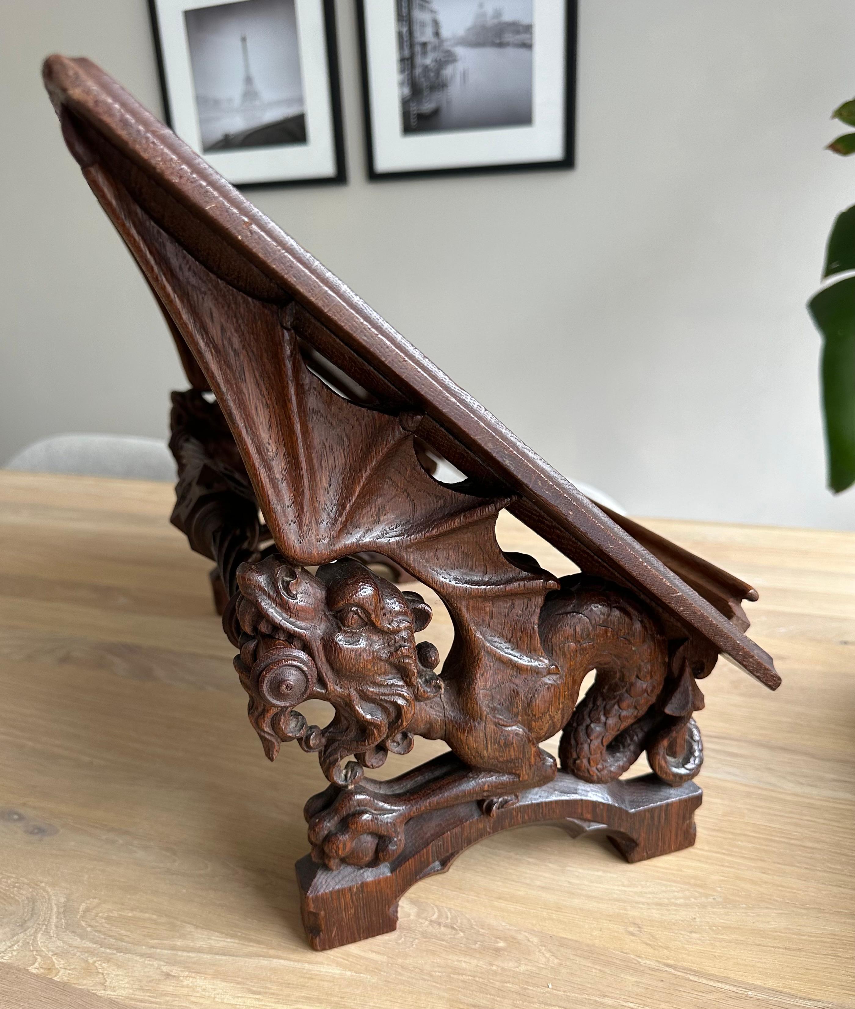Gorgeous Antique Hand Carved Oak Gothic Revival Bible Stand w. Dragon Sculptures For Sale 9