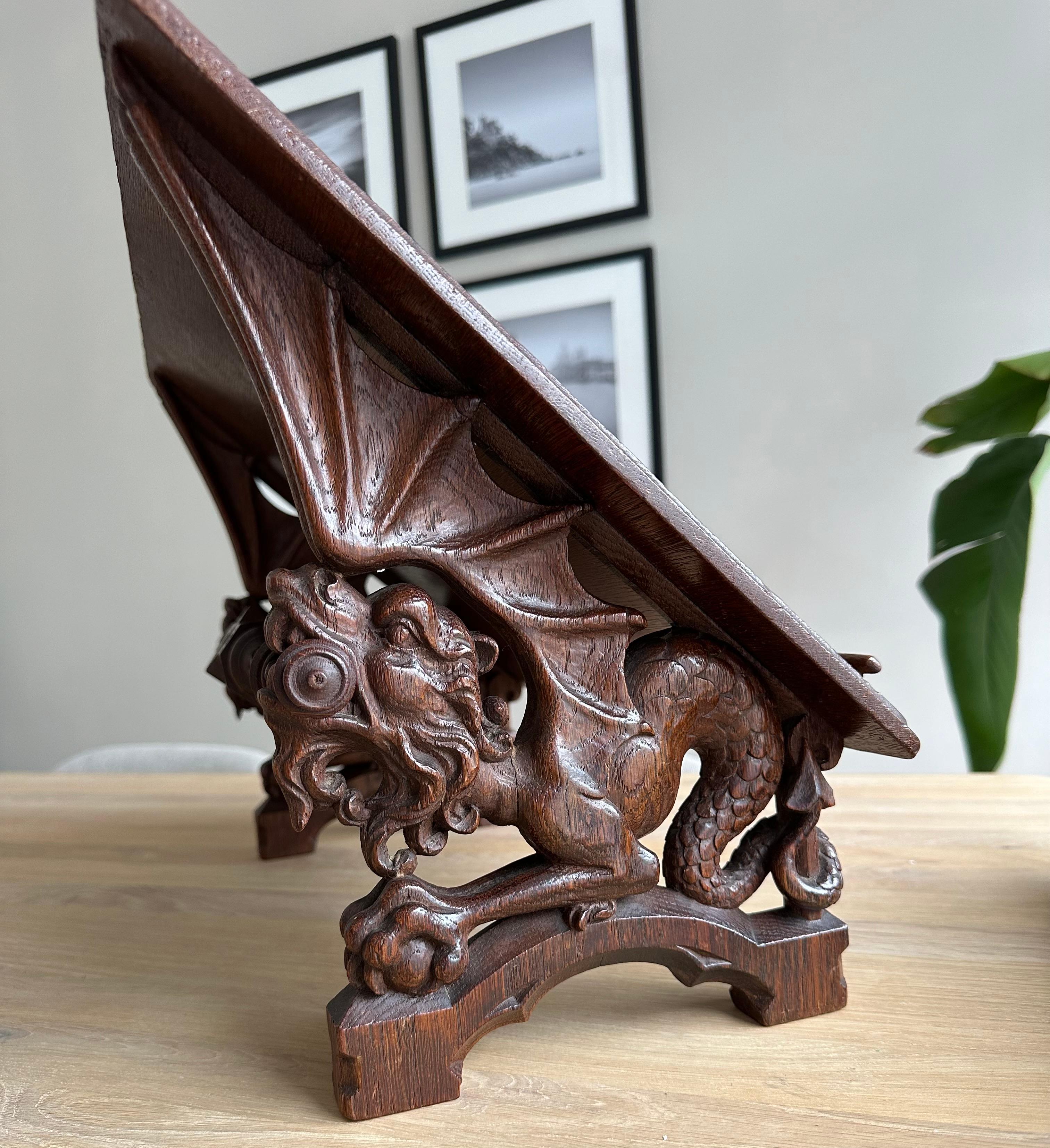 Gorgeous Antique Hand Carved Oak Gothic Revival Bible Stand w. Dragon Sculptures For Sale 10