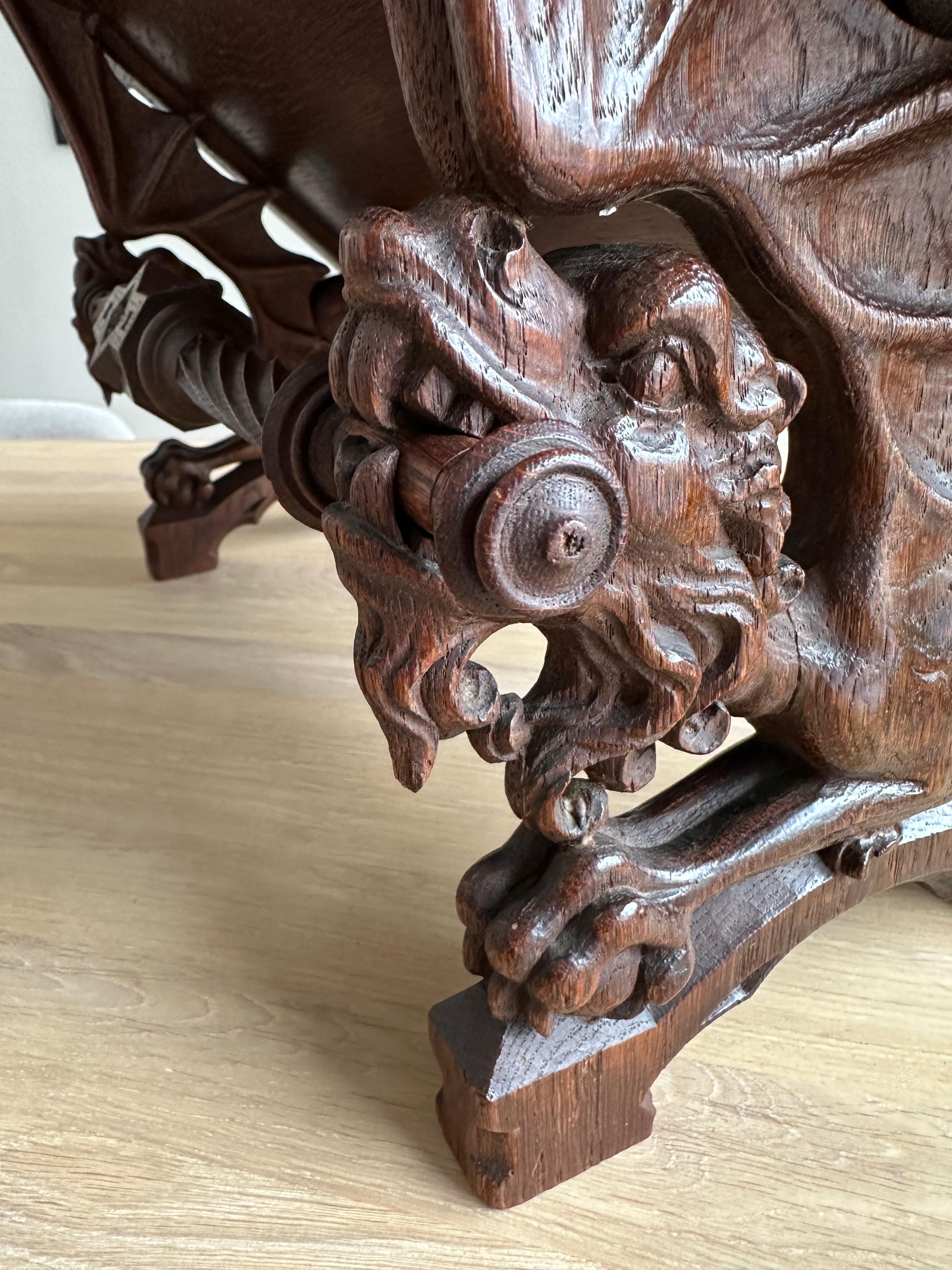Gorgeous Antique Hand Carved Oak Gothic Revival Bible Stand w. Dragon Sculptures For Sale 11