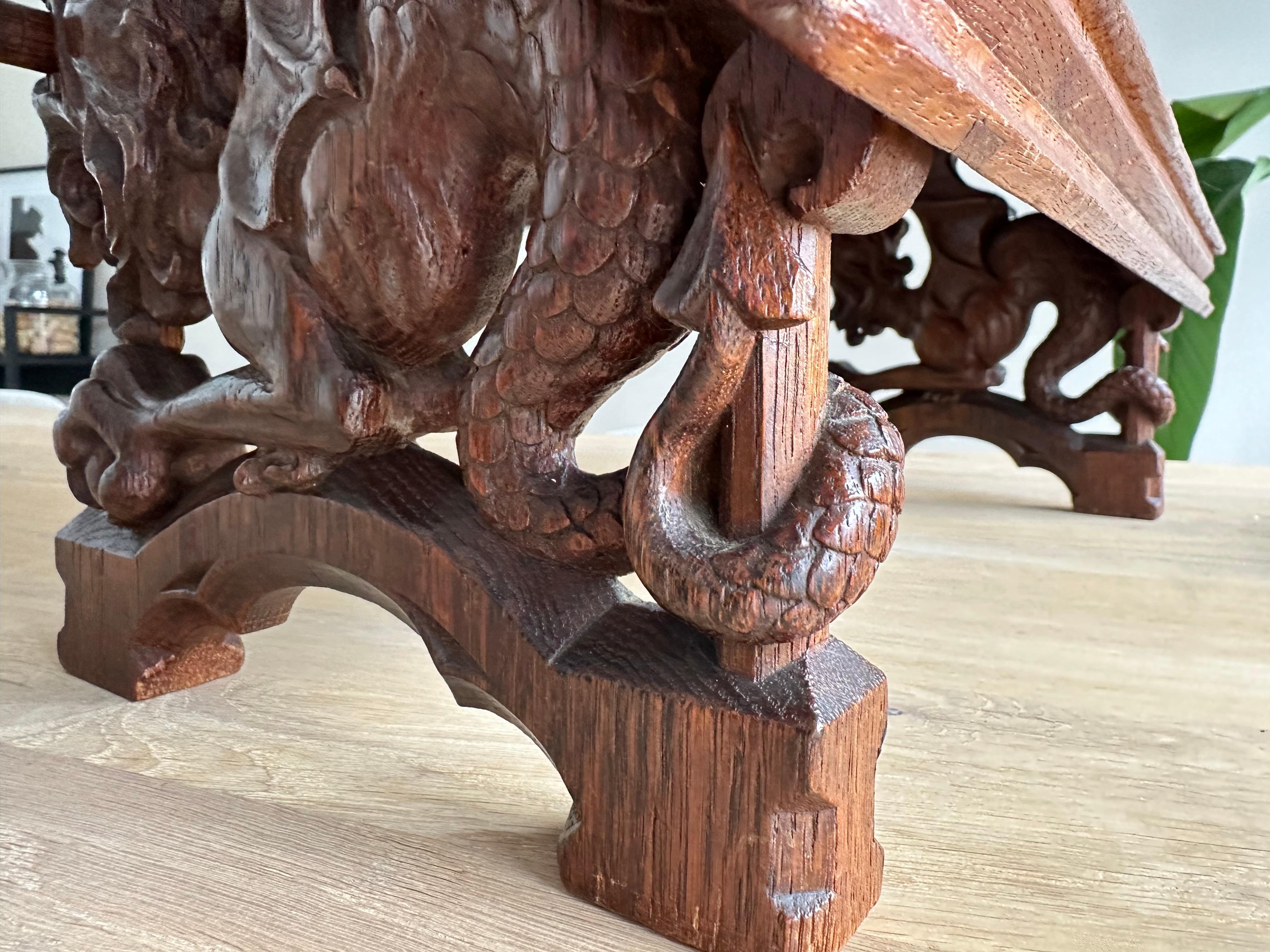 Gorgeous Antique Hand Carved Oak Gothic Revival Bible Stand w. Dragon Sculptures For Sale 12