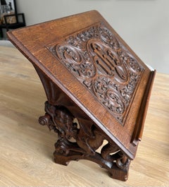 Gorgeous Antique Hand Carved Oak Gothic Revival Bible Stand w. Dragon Sculptures