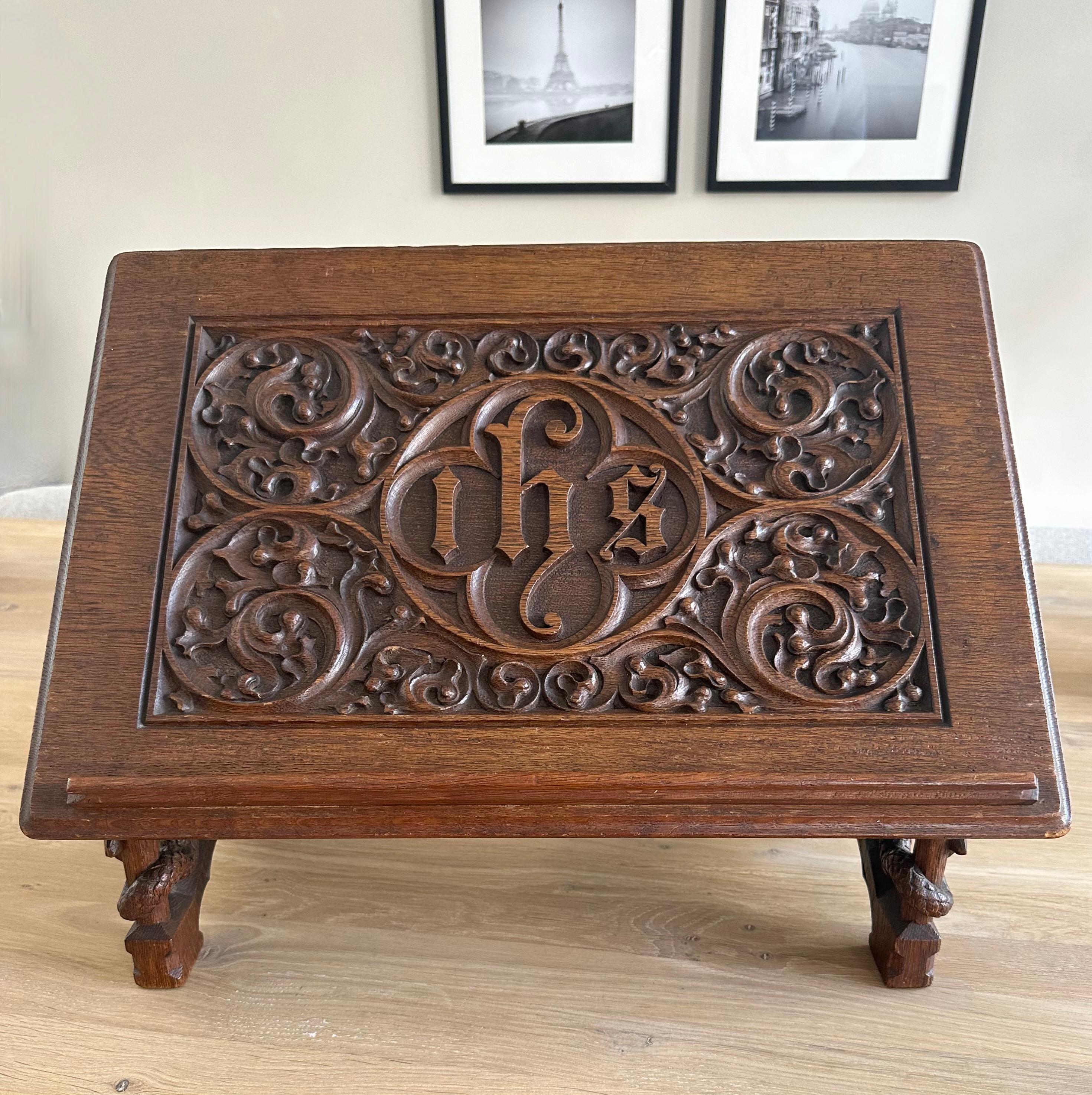 European Gorgeous Antique Hand Carved Oak Gothic Revival Bible Stand w. Dragon Sculptures