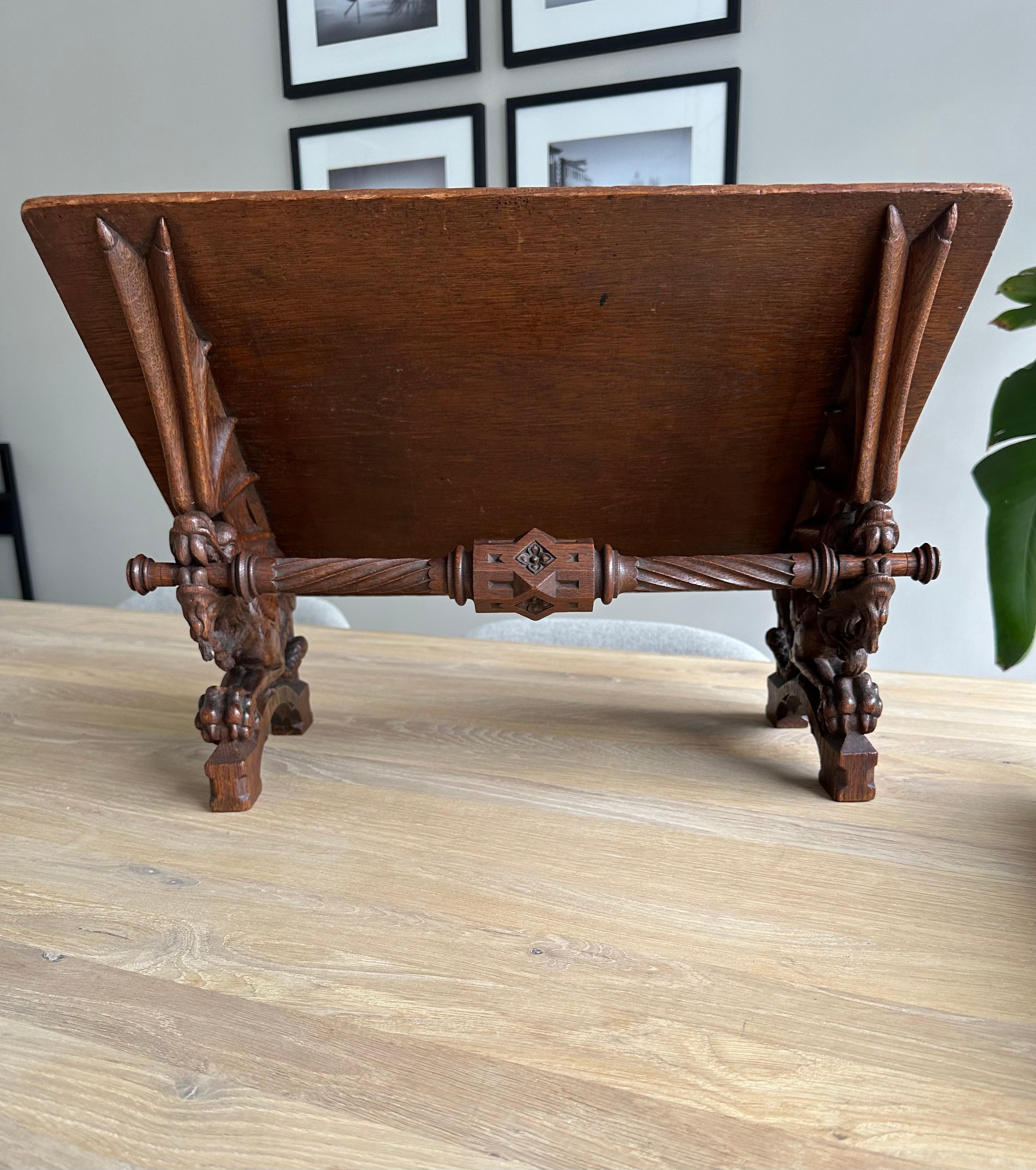 Hand-Carved Gorgeous Antique Hand Carved Oak Gothic Revival Bible Stand w. Dragon Sculptures