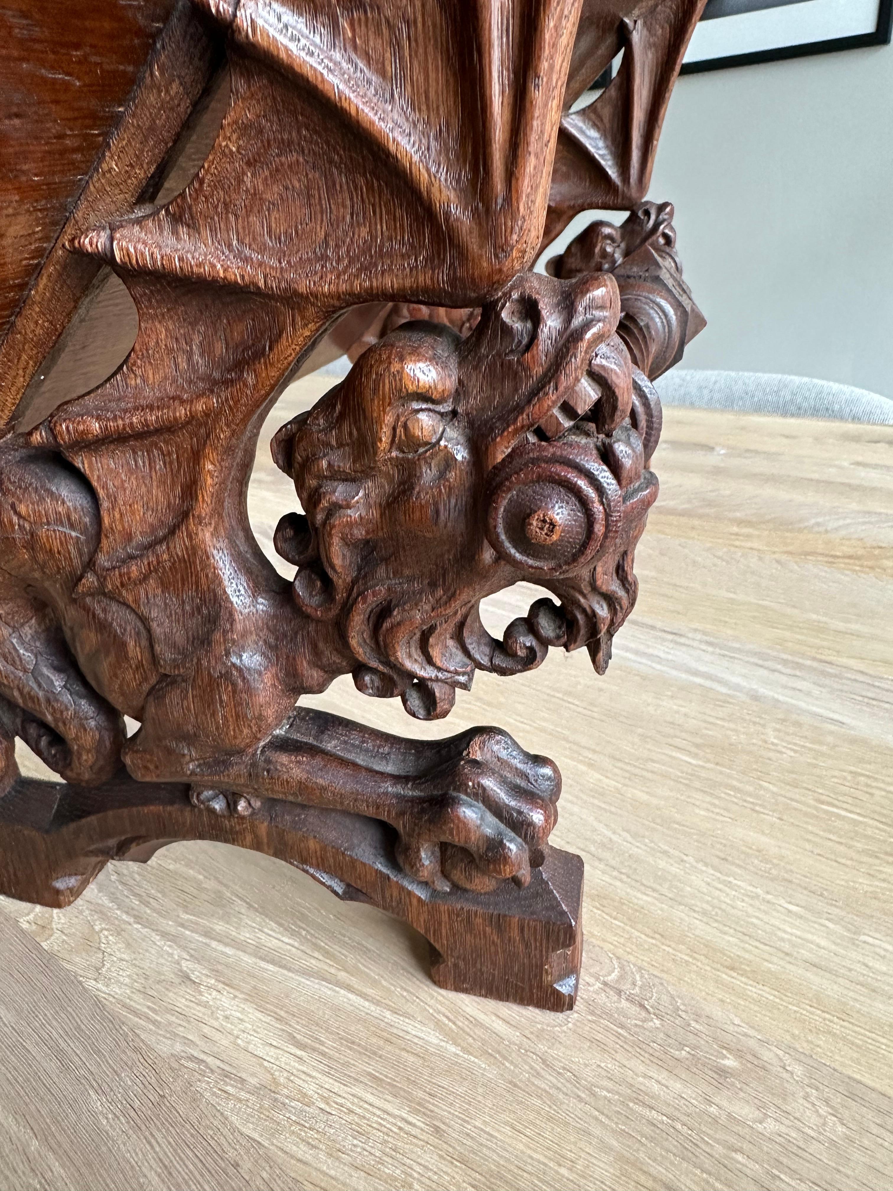 19th Century Gorgeous Antique Hand Carved Oak Gothic Revival Bible Stand w. Dragon Sculptures