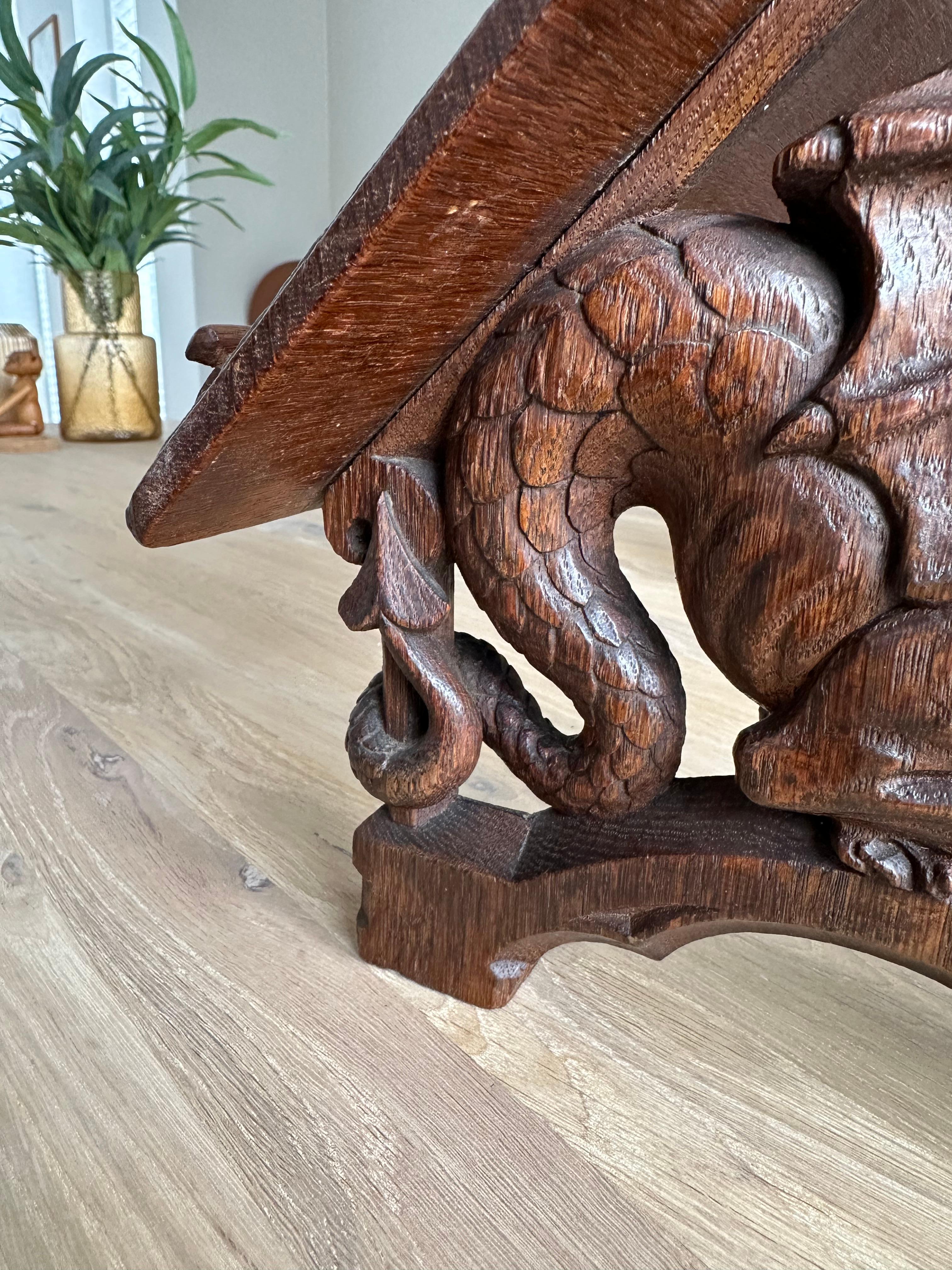 Gorgeous Antique Hand Carved Oak Gothic Revival Bible Stand w. Dragon Sculptures 2