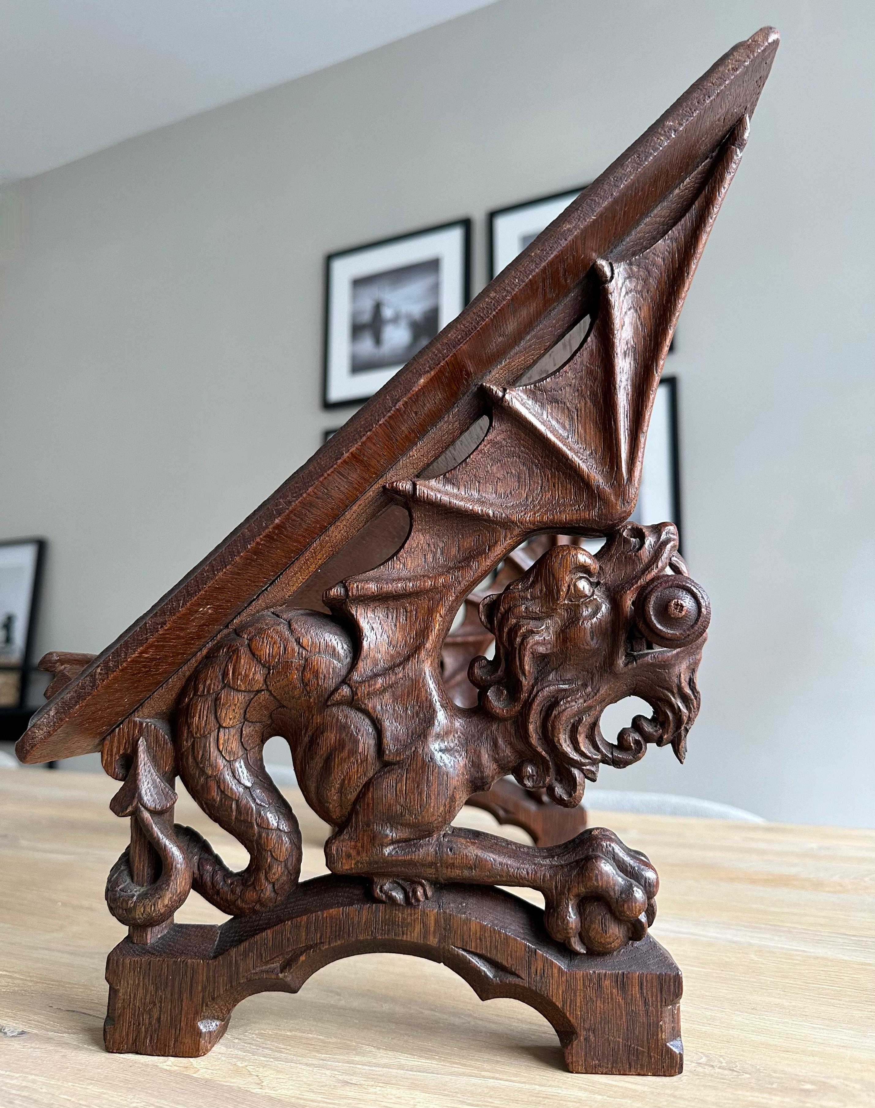 Gorgeous Antique Hand Carved Oak Gothic Revival Bible Stand w. Dragon Sculptures For Sale 3