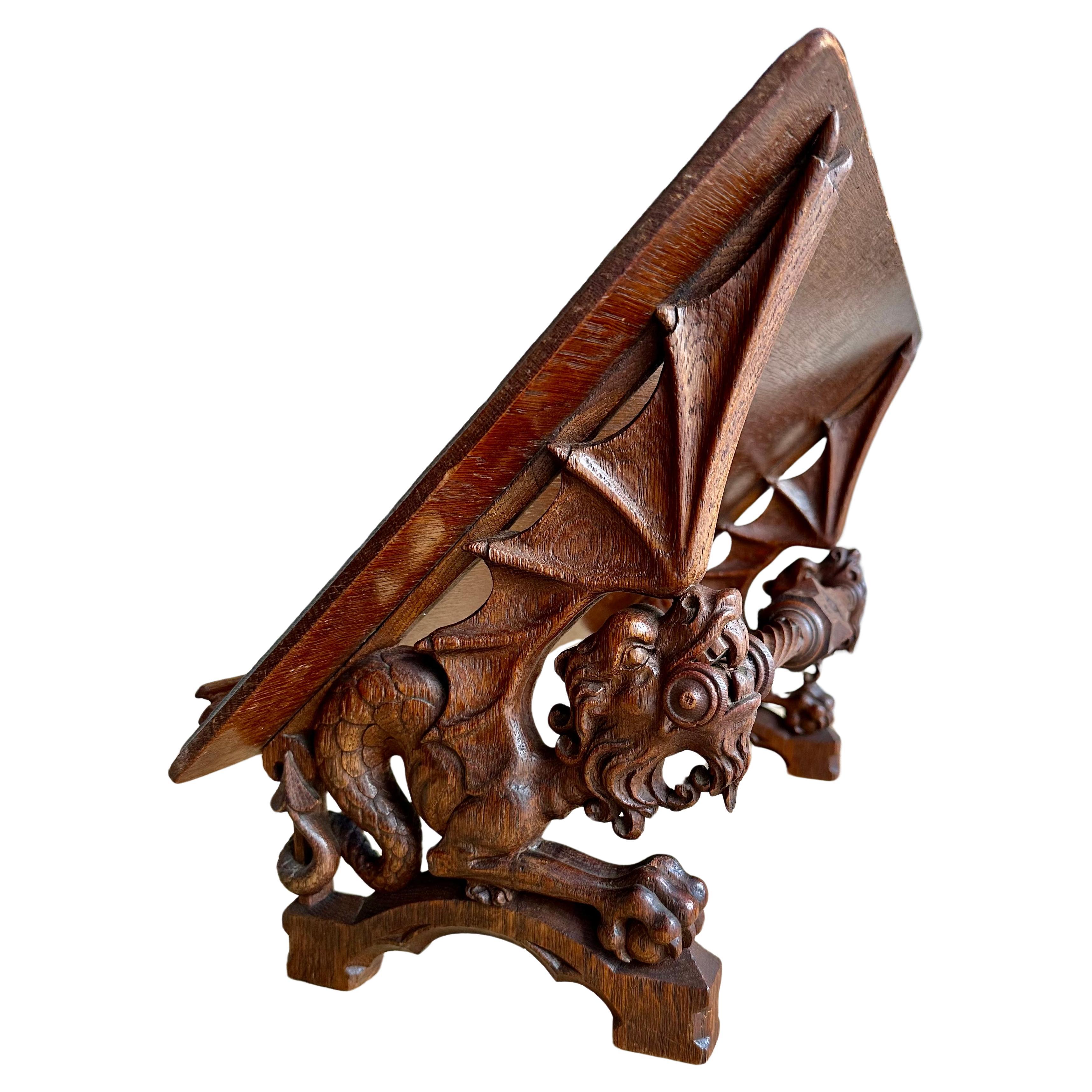 Gorgeous Antique Hand Carved Oak Gothic Revival Bible Stand w. Dragon Sculptures For Sale